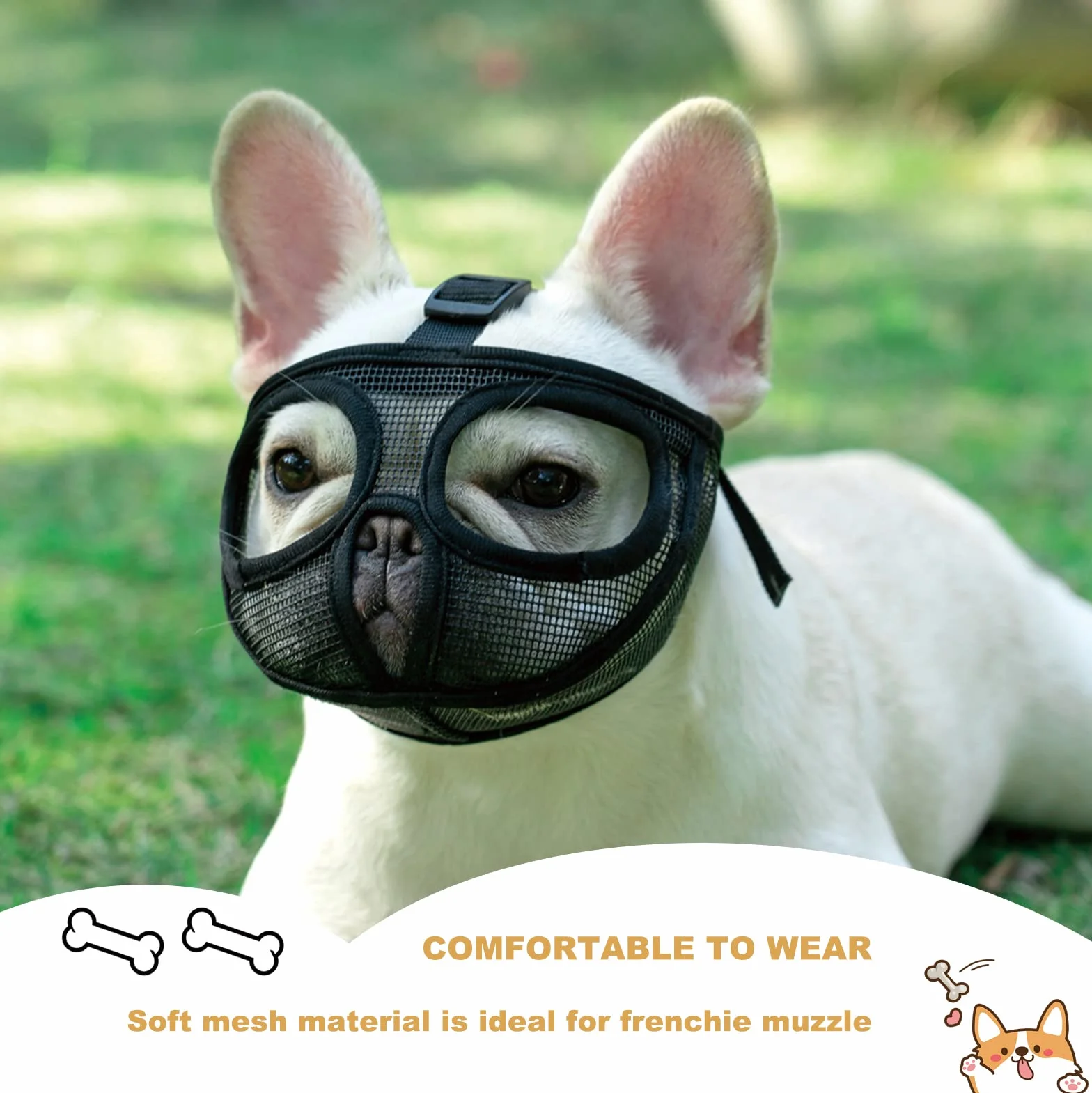 ILEPARK Museruola Cane Short Bunno, Regolabile Non Coprire Ayse Mesh Bulldog Muszza per Morgere Maggio (M,Nero)