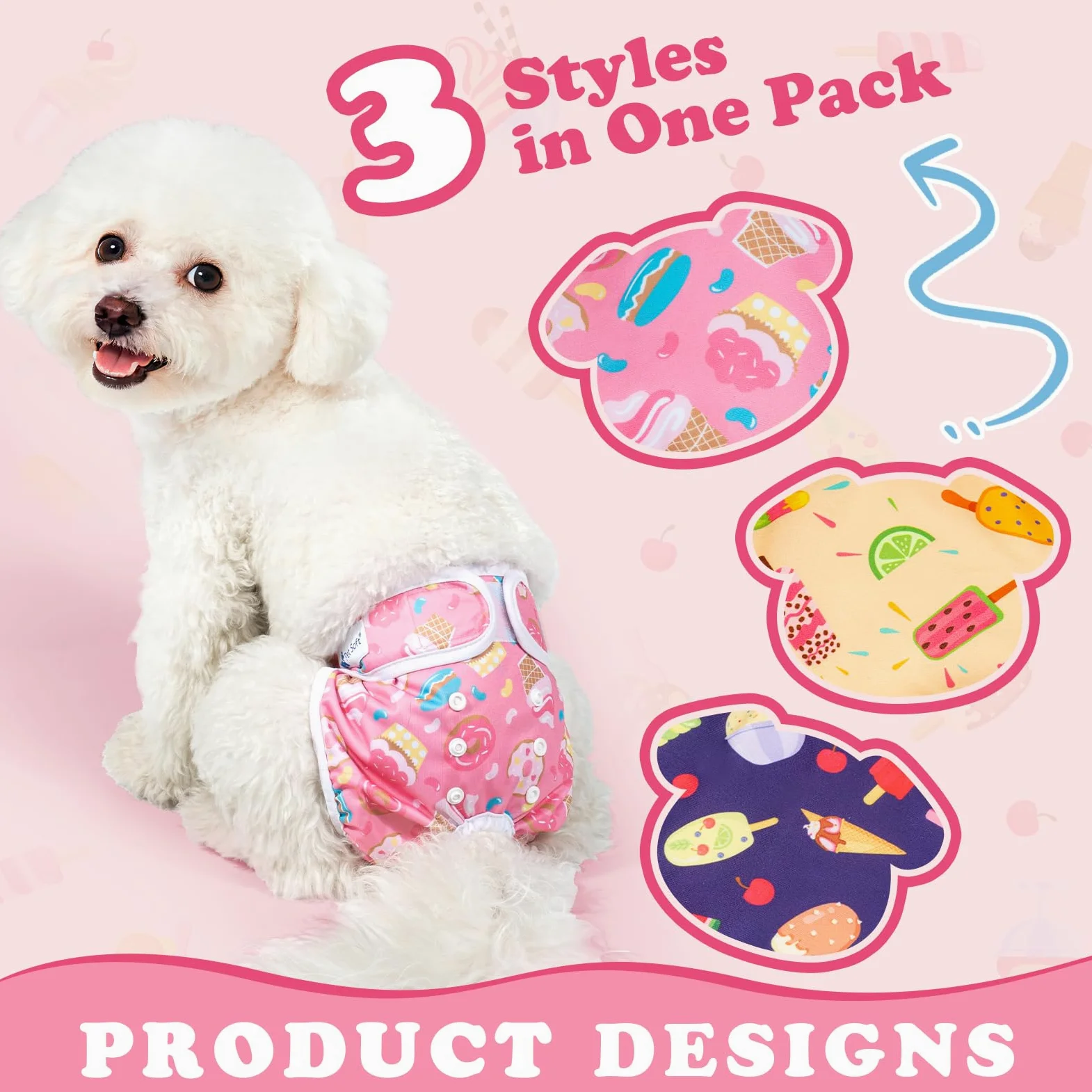 Pet Soft Pannolini per Cani Femmina, Confezione da 3 Pantaloni Riutilizzabili per Cani, Regolabili, per Cani Femmina, per Incontinenza da Calore Stagionale (Cibo, L)