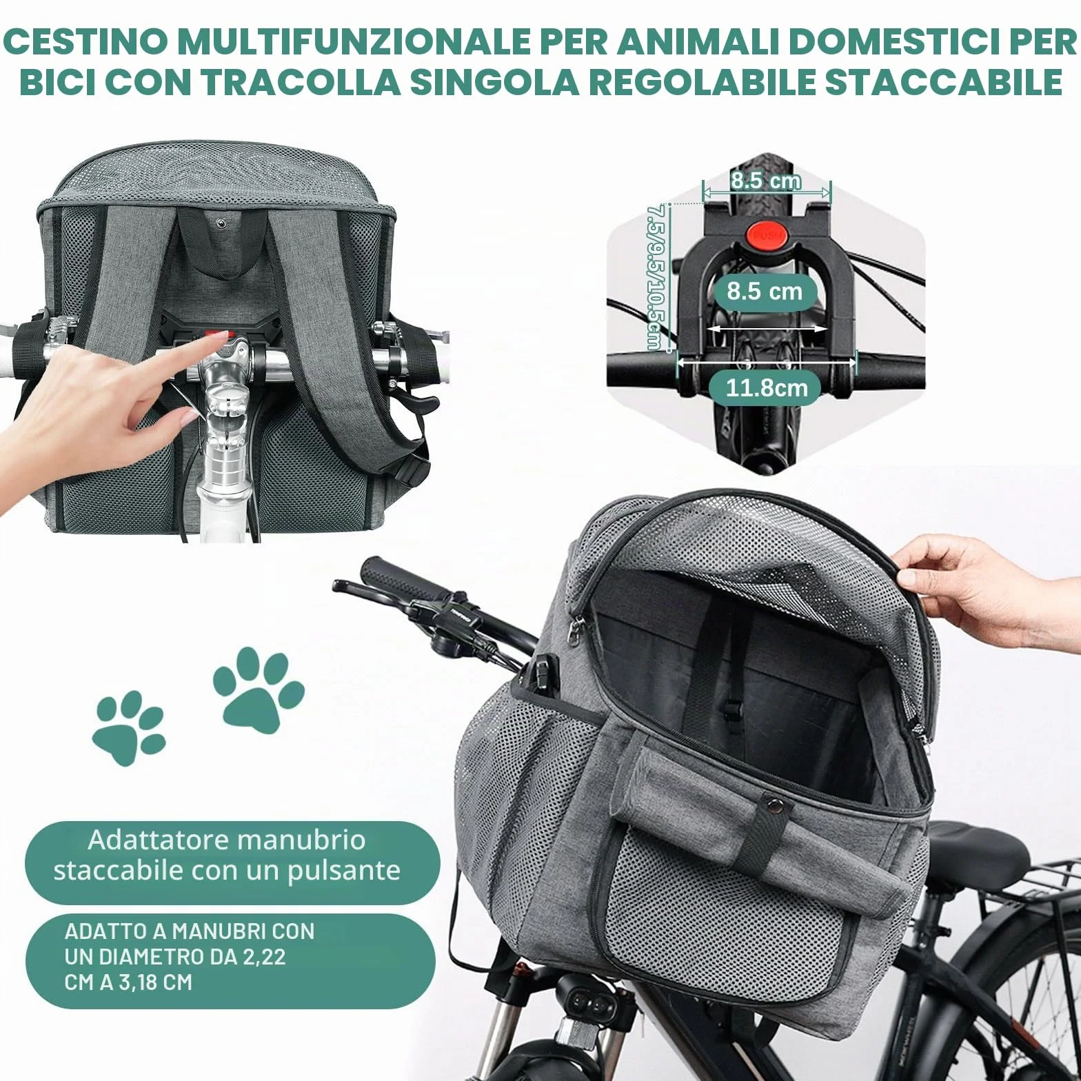 Cestino Bici anteriore, Cestino Bici Per Cani, Cestino Anteriore per Biciclettaper Animali, Anteriore per Bici Borsa a Mano con adattatore per manubrio, Pieghevole e Staccabile Cestino Multiuso
