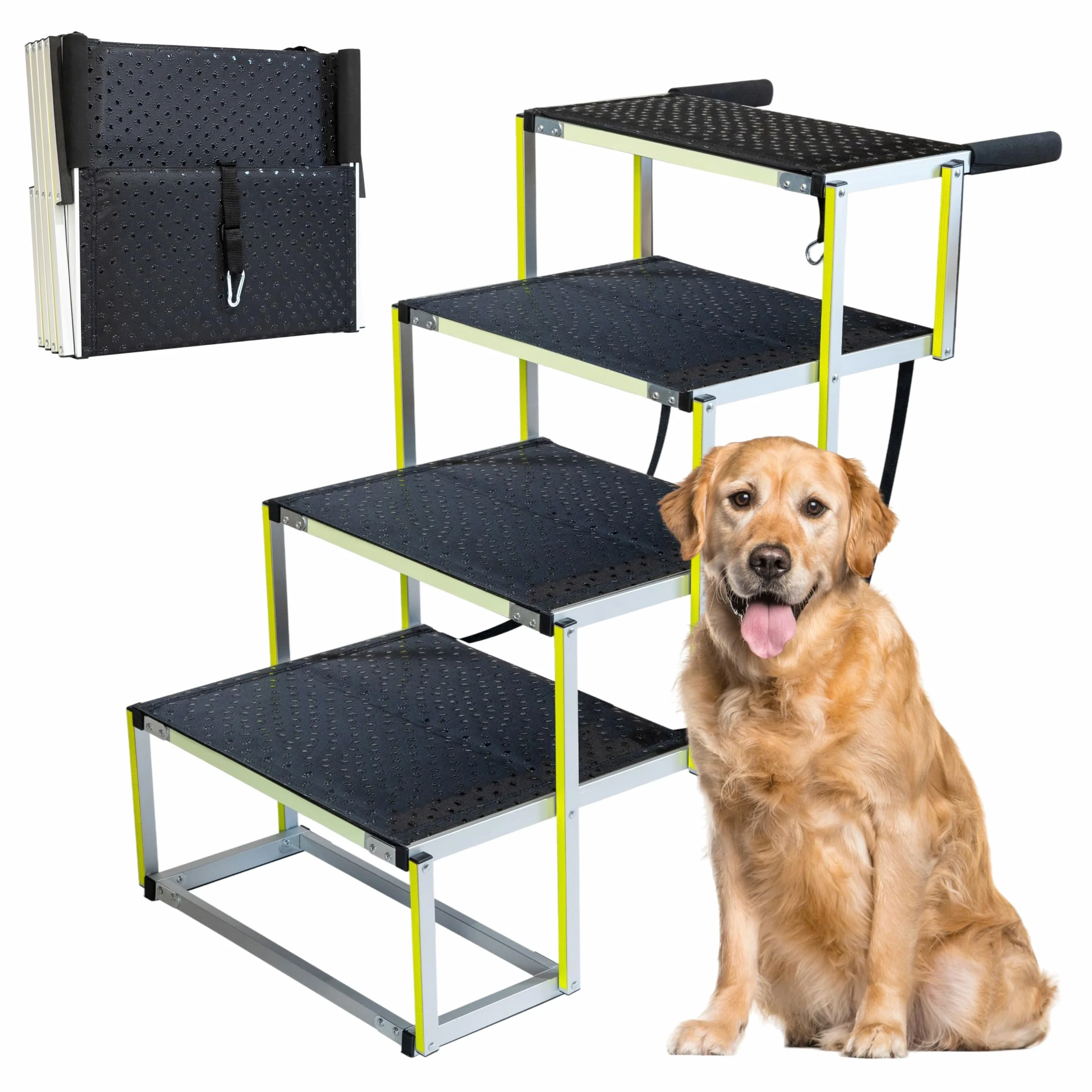 Scala per cani Auto pieghevole – Scala extra larga per cani grandi – Per auto alte e SUV – Passaggi luminosi di notte – Aiuto per articolazioni – Superficie antiscivolo – Fino a 105 kg – 4 gradini