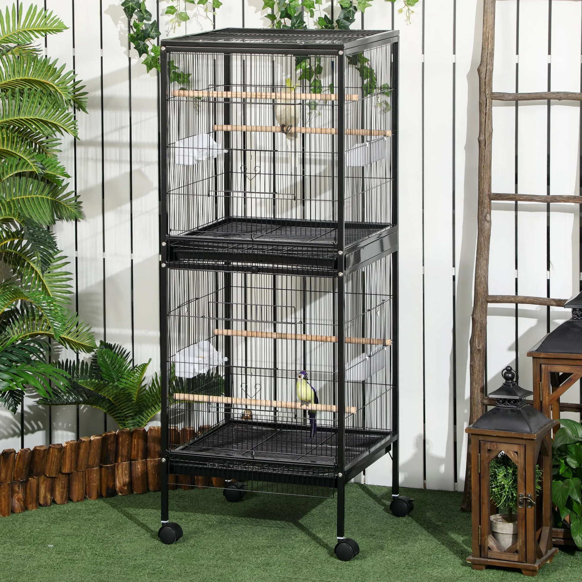 PawHut Gabbia per Uccelli 2 in 1 Voliera per Interni con 4 Ruote Girevoli, Vassoi Estraibili e Contenitori in Plastica, 51.5x50x140 cm, Nero
