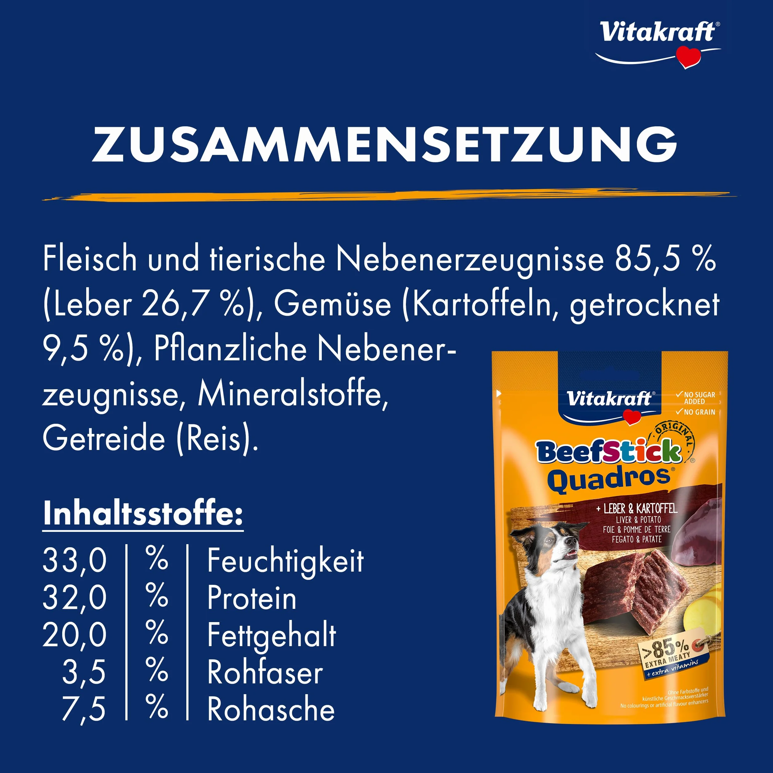 Vitakraft Beef Stick Quadros, snack cane, barrette di carne quadrate con patate e fegato, snack per l’addestramento del cane, senza zuccheri aggiunti (1x 70g)