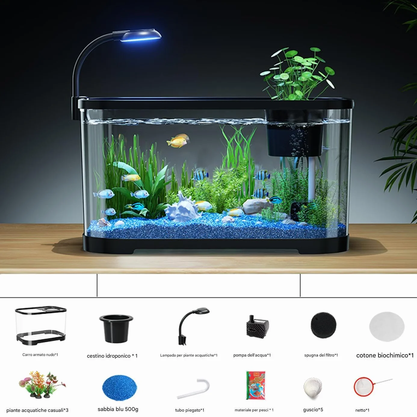 Kit Acquario Generico, Acquario Per Principianti, Vaso Decorativo Per Betta E Tartarughe, Nero, 30x20x19cm