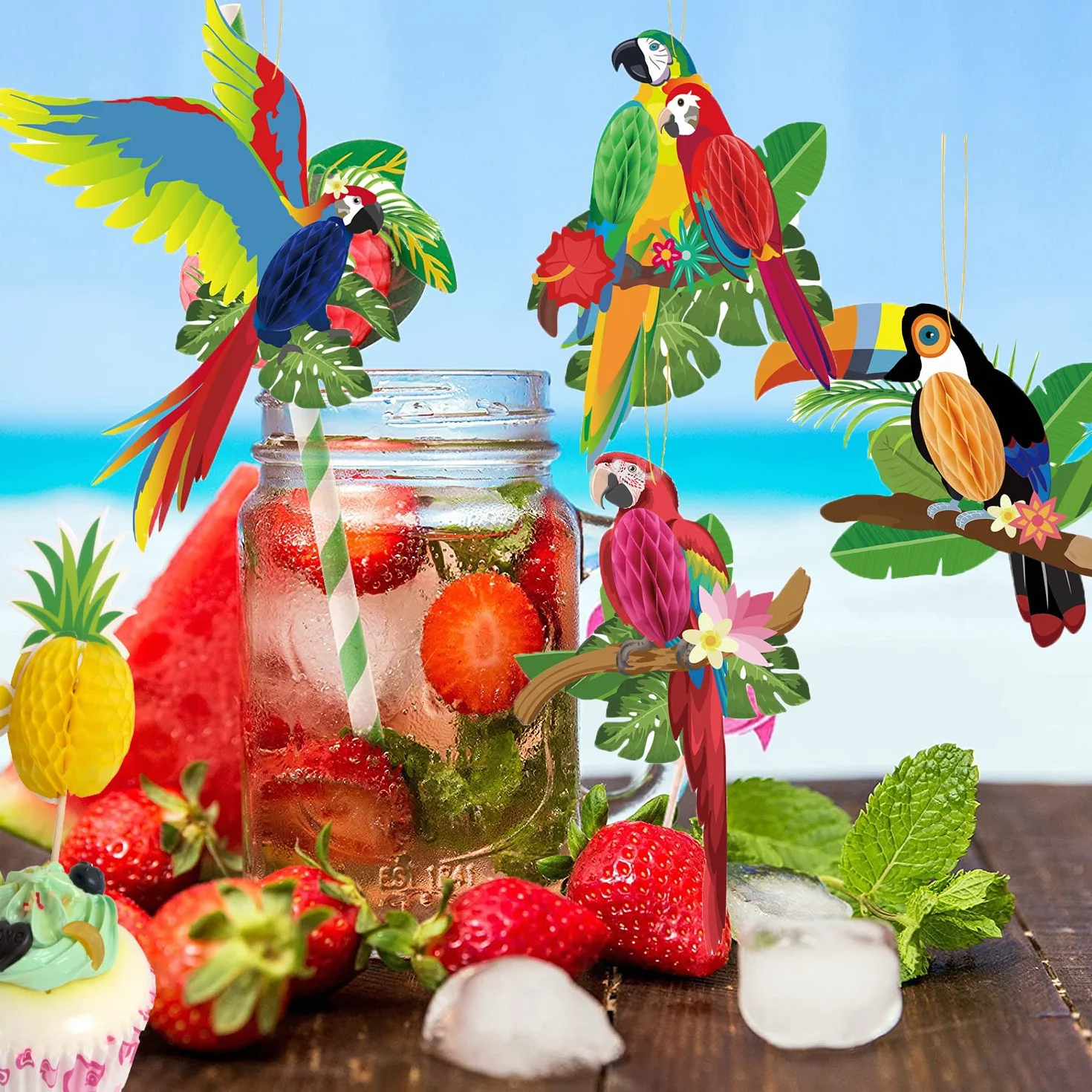 6 pezzi pappagallo tropicale da appendere, pappagallo nido d'ape, decorazione hawaiana, feste estive luau, feste tropicali