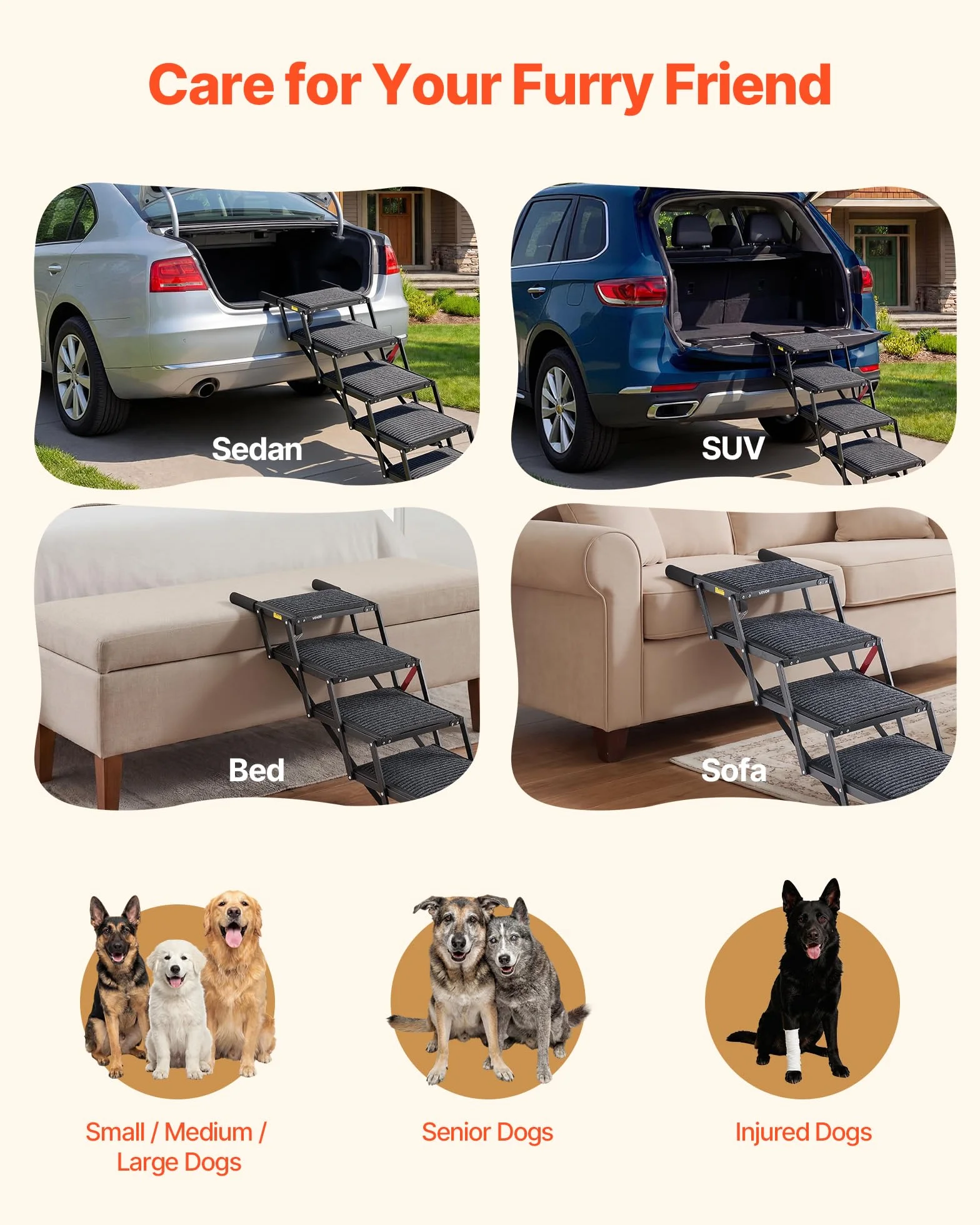 VEVOR Scaletta Pieghevole per Auto per Cani Animali Domestici, Scala Pieghevole a 5 Gradini per Cani da SUV Camion Letti Divani per Animali Domestici Carico max 90,72 kg Superficie Antiscivolo