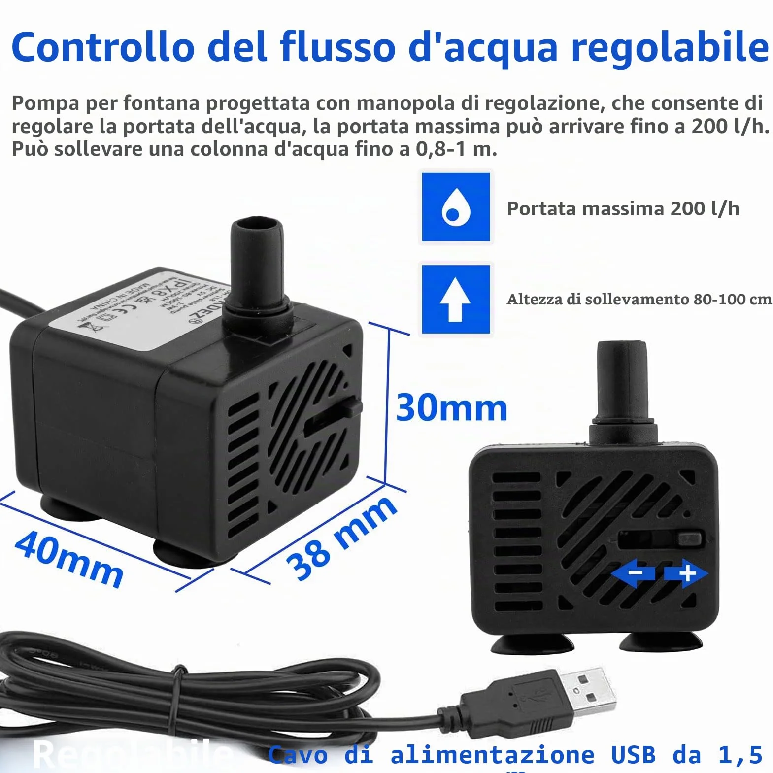 Mini pompa sommergibile USB (DC 5V 1-3W 200L/H) Regolabile, ultra silenziosa piccola pompa per acqua per fontane per animali domestici, acquario, laghetto, idroponica, interno o esterno