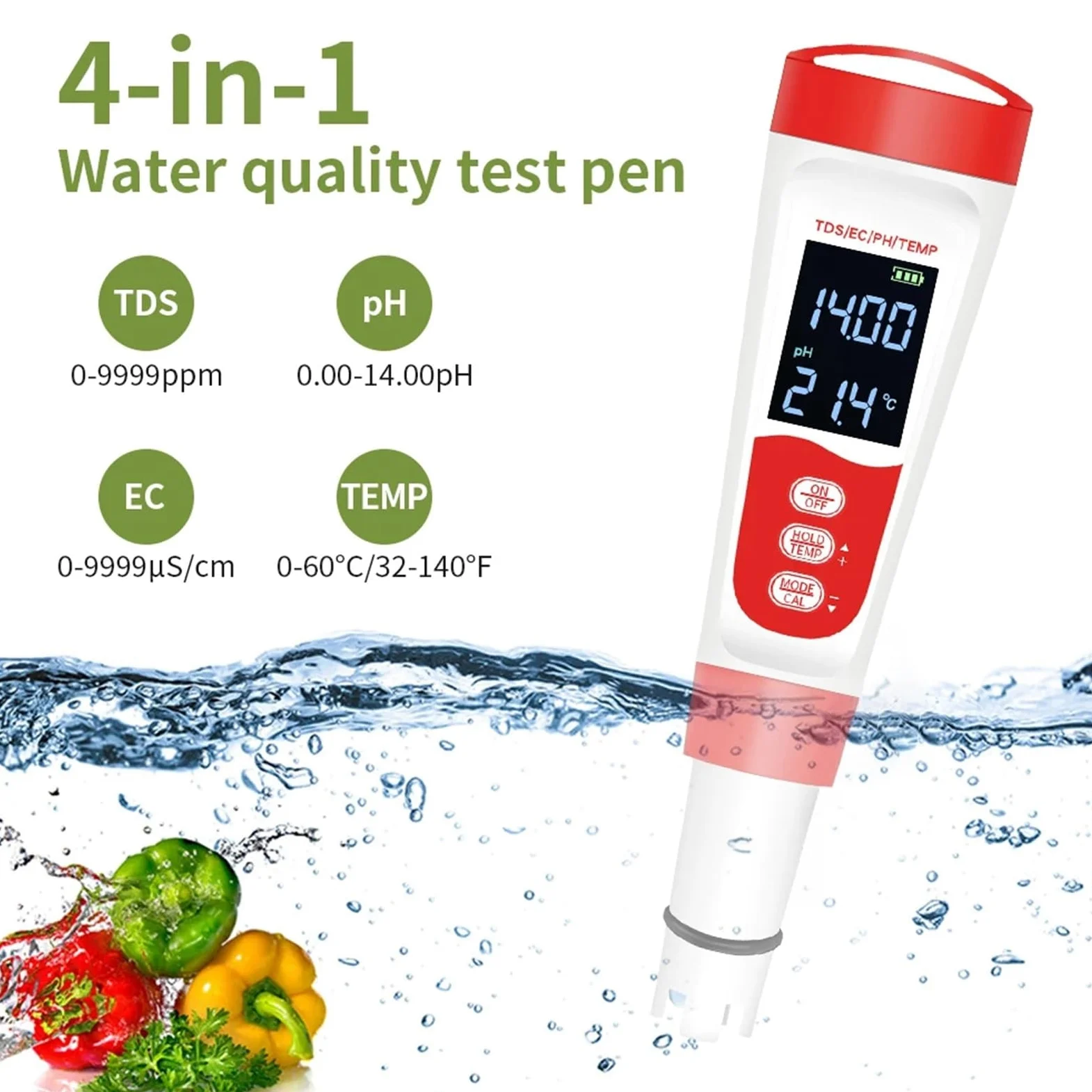 Tester dell'Acqua, Misuratore di PH Digitale Impermeabile 4 in 1, misuratore di PH, Temperatura, TDS, EC, Tester di qualità Acqua, Penna for Test di purezza Acqua for Piscine e acquacoltura