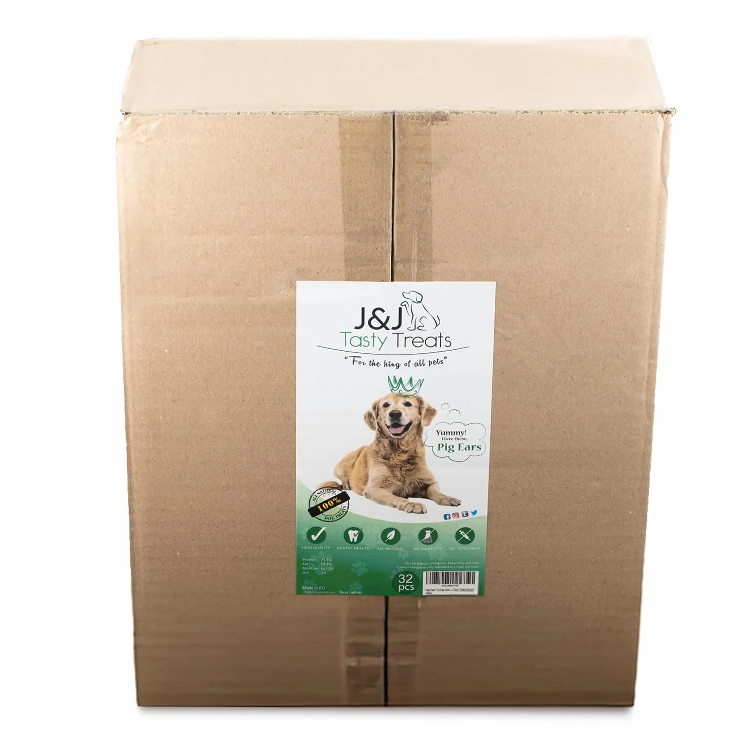 J&J Tasty Treats Orecchie di Maiale per Cani di Alta Qualità Snack per Cani (32 Pezzi)
