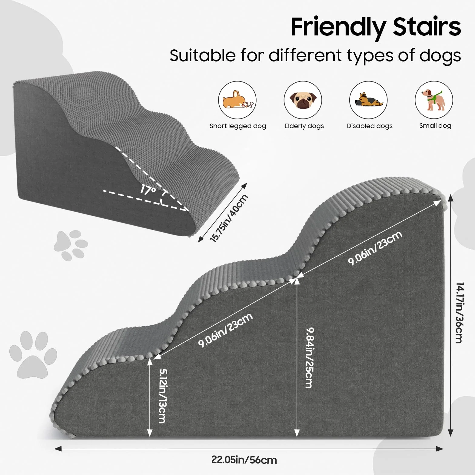 Scaletta per animali domestici per cani e gatti di piccola taglia, design curvo con copertura impermeabile, gradini in schiuma ad alta densità per letti o divani, resistente e leggera, a 3 strati, 55