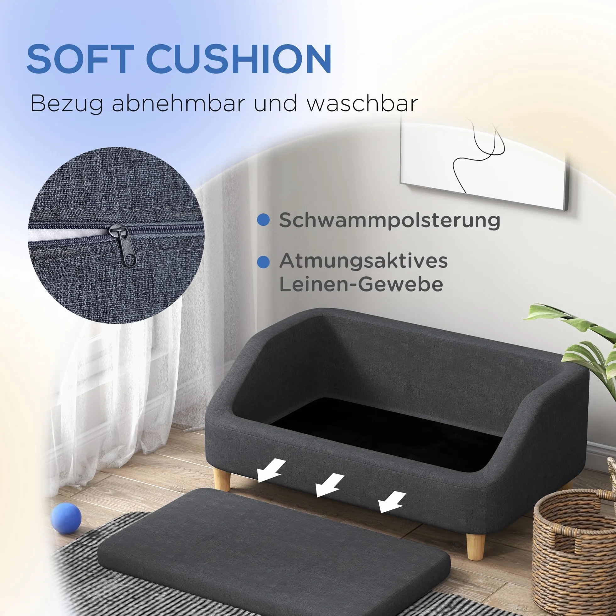 PawHut Divano per cani di taglia media e grande, con design rialzato, poltrona per cani con gambe in legno, grigio scuro, 95 x 63 x 39 cm