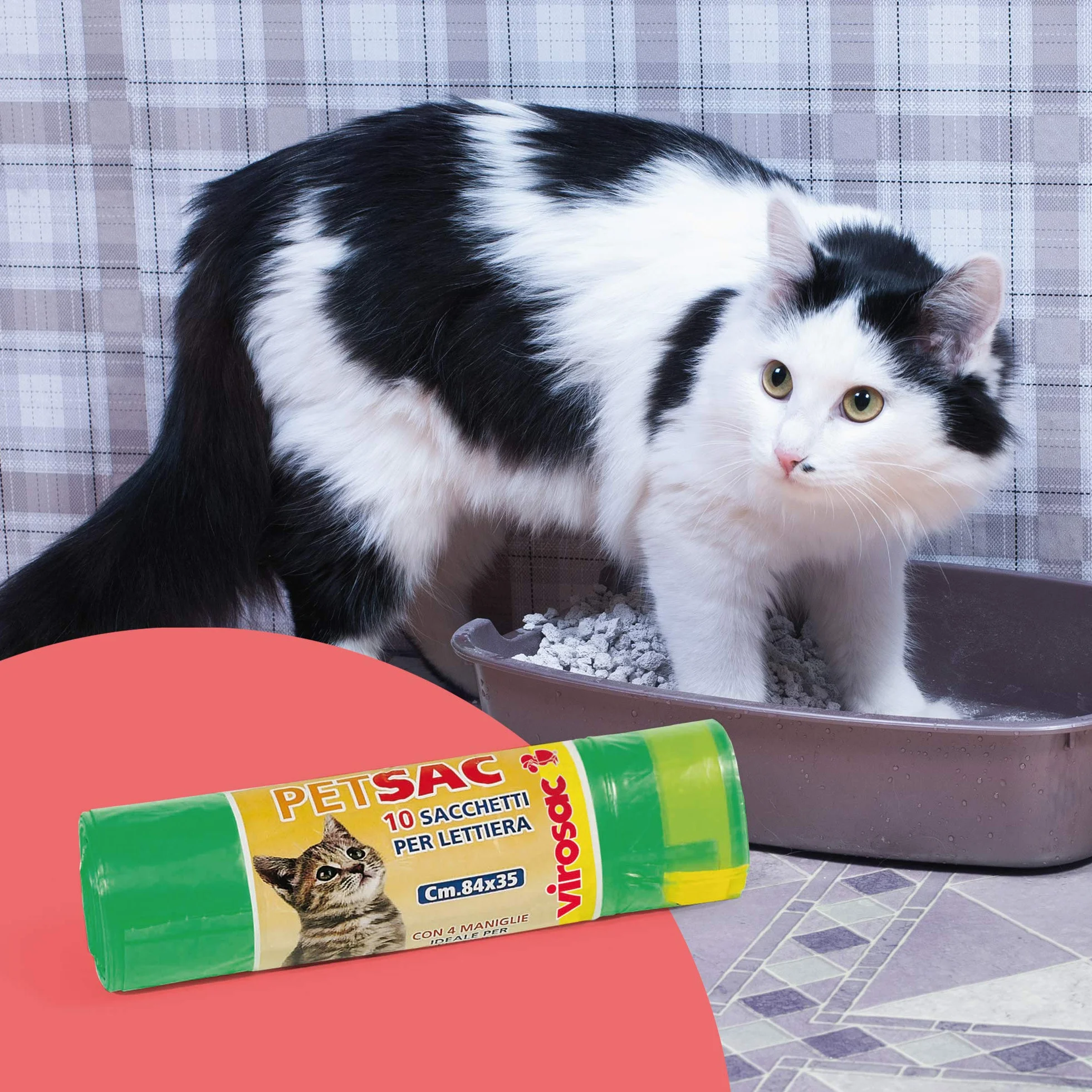 Virosac - Petsac - Sacchi 84x35 resistenti e antigoccia, ideali per lettiere dei gatti, dotati di 4 Pratiche Maniglie Estraibili, 10 sacchetti per rotolo, verde
