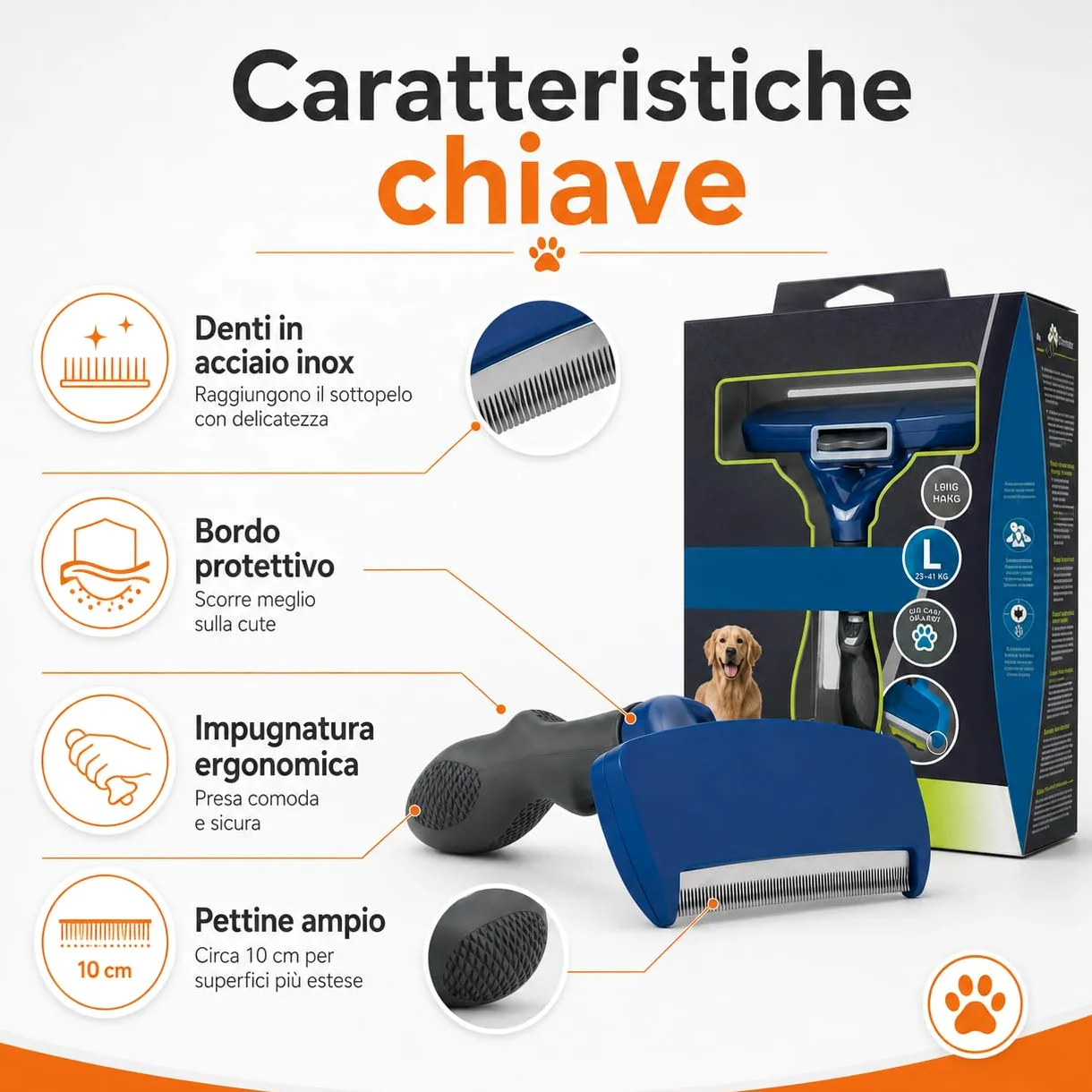 Strumento de-Shedding Cane L a Pelo Lungo, Spazzola Professionale per Cani Grandi da 24 kg, Rimuove Pelo Sottopelo in Eccesso con Pettine da 10 cm