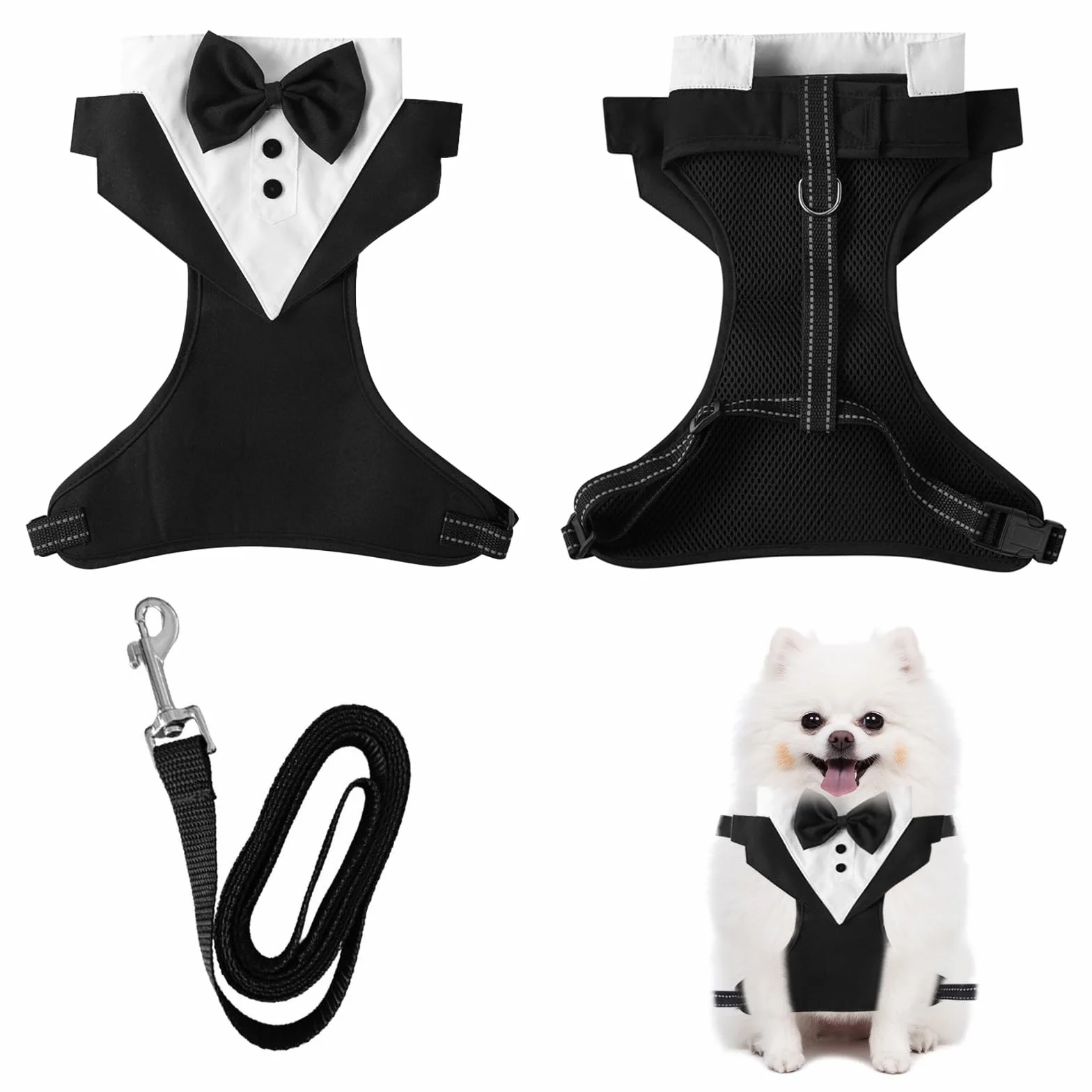 Smoking Collare per Cani Set Bandana Guinzaglio Poliestere Bianco Nero Media