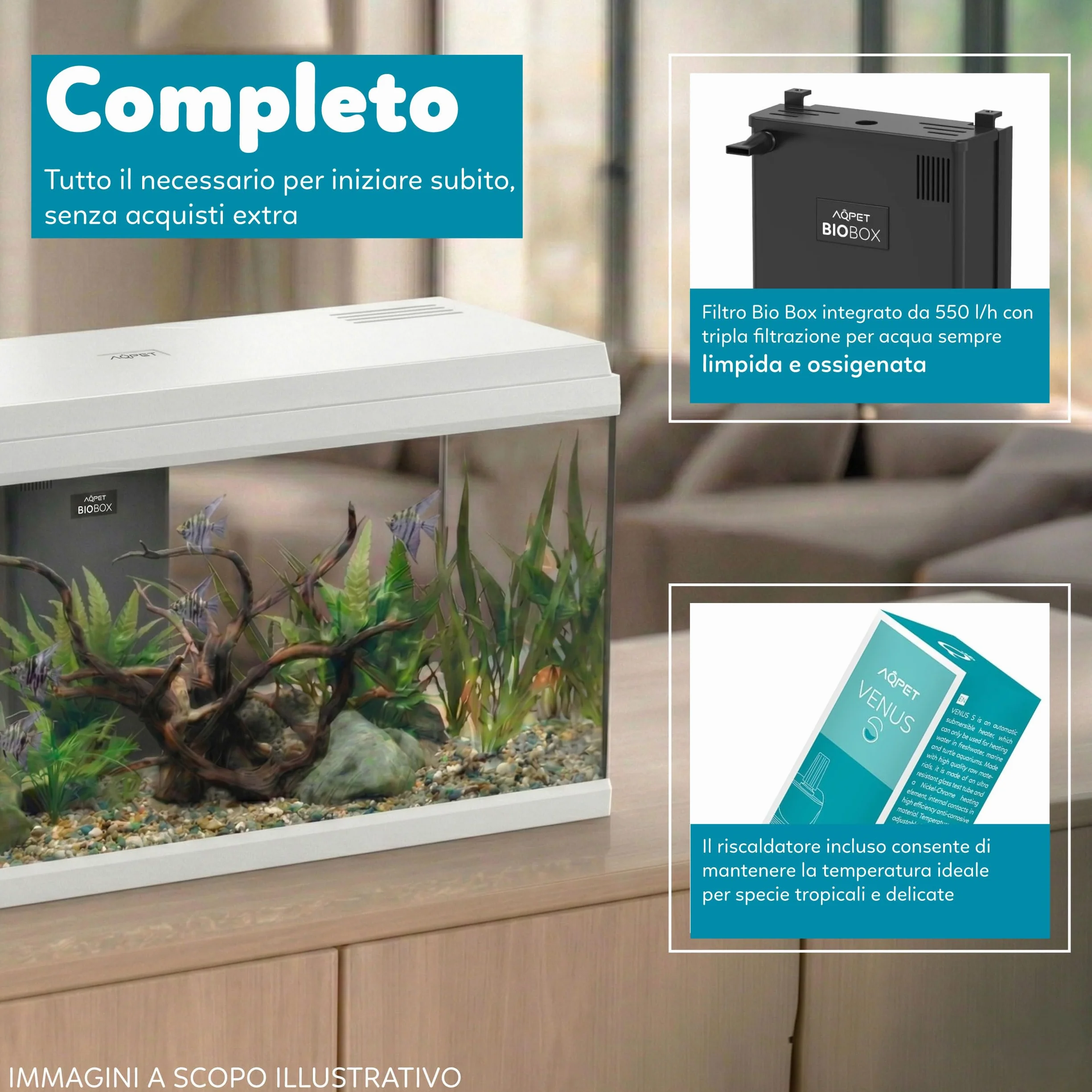 Aqpet Acquario in Vetro per Pesci tropicali Completo di Accessori Filtro Luce Simply, 100 80x32x47 cm 100 Litri, Bianco