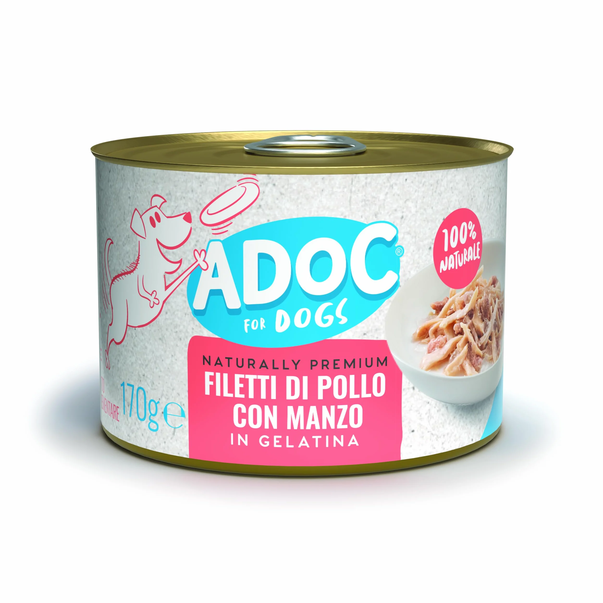 Adoc Naturally Premium, Alimento Umido Complementare per Cani, Filetti di Pollo con Manzo, 24 Lattine da 170 g, in Gelatina, Senza Conservanti e Coloranti