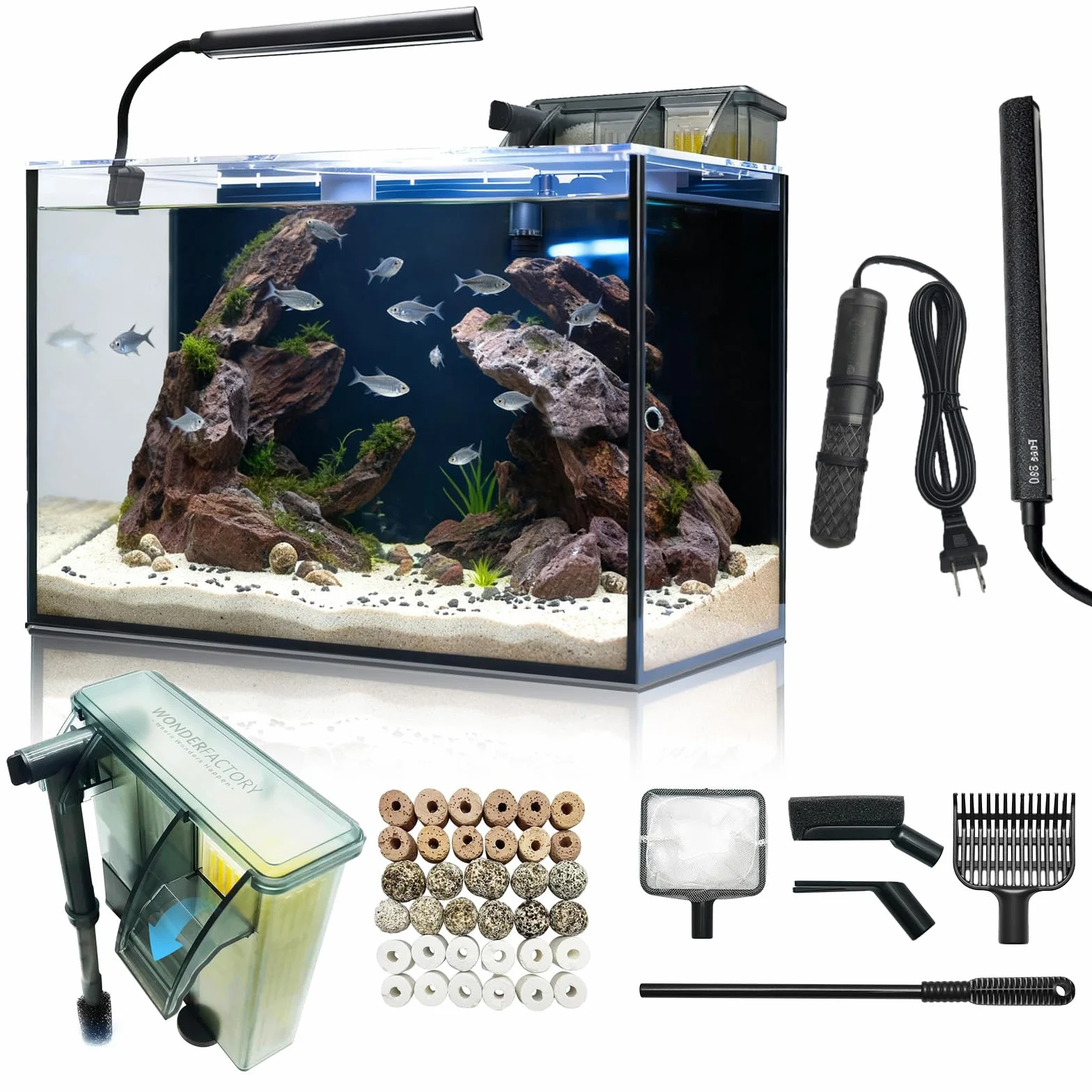 Set da scrivania per acquario, 40 l, in vetro ultra trasparente con filtro autopulente, luce chiara, riscaldamento, pietre, ghiaia, strumento di pulizia, vetro senza bordi per principianti