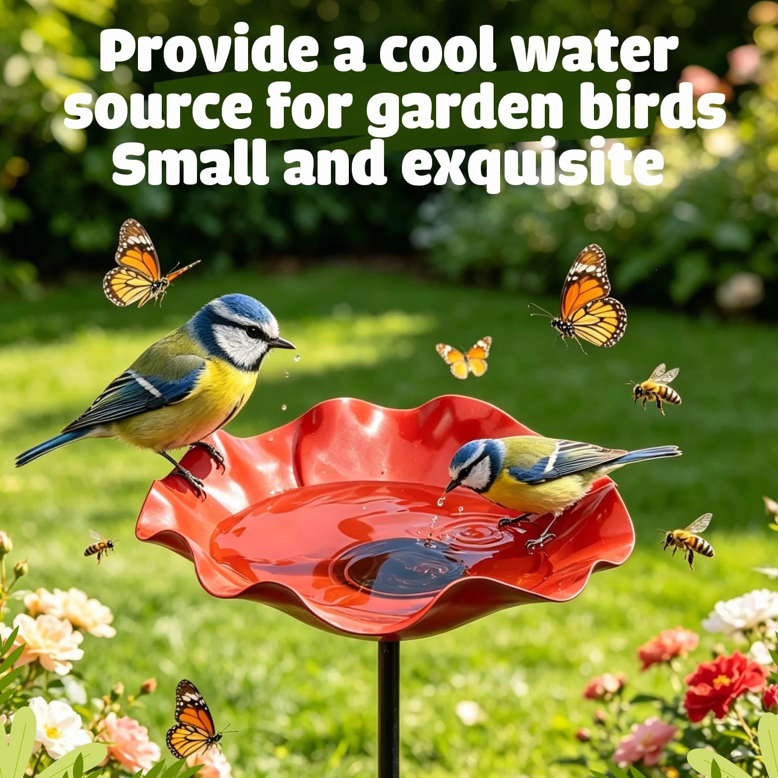 Paletto da Giardino in Metallo per Uccelli, Abbeveratoio a Forma di Fiore per Api – Bagno per Uccelli su Palo con Vasca – Decorazione da Giardino in Metallo Rosso – Altezza 65 cm