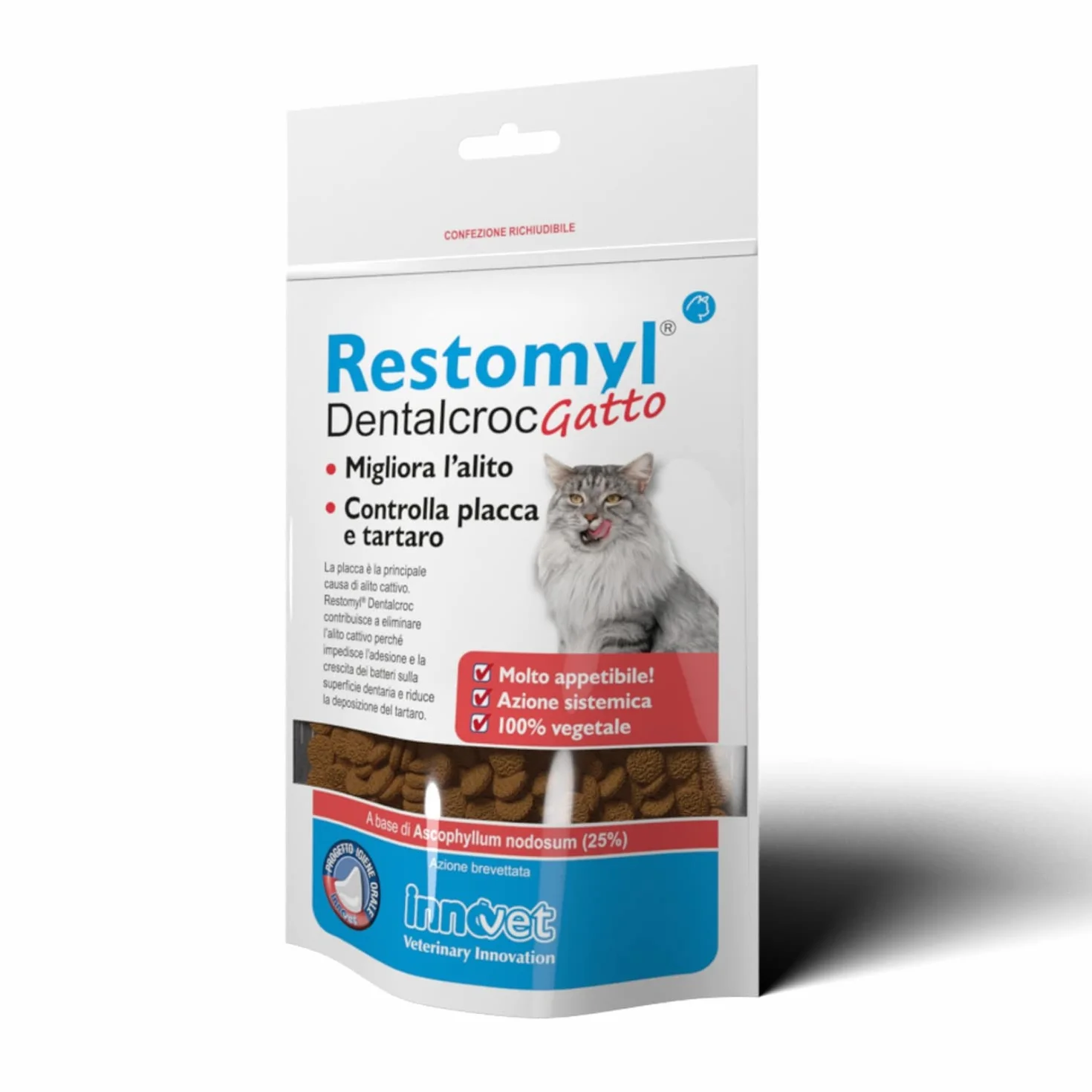 Innovet Restomyl Dentalcroc, Supporto nutrizionale, Migliora l'alito. Controlla e previene la Placca e Il Tartaro dei Gatti - Confezione con Busta da 60 g