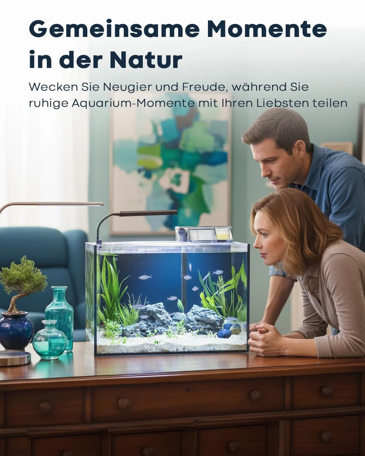 Set da scrivania per acquario, 40 l, in vetro ultra trasparente con filtro autopulente, luce chiara, riscaldamento, pietre, ghiaia, strumento di pulizia, vetro senza bordi per principianti