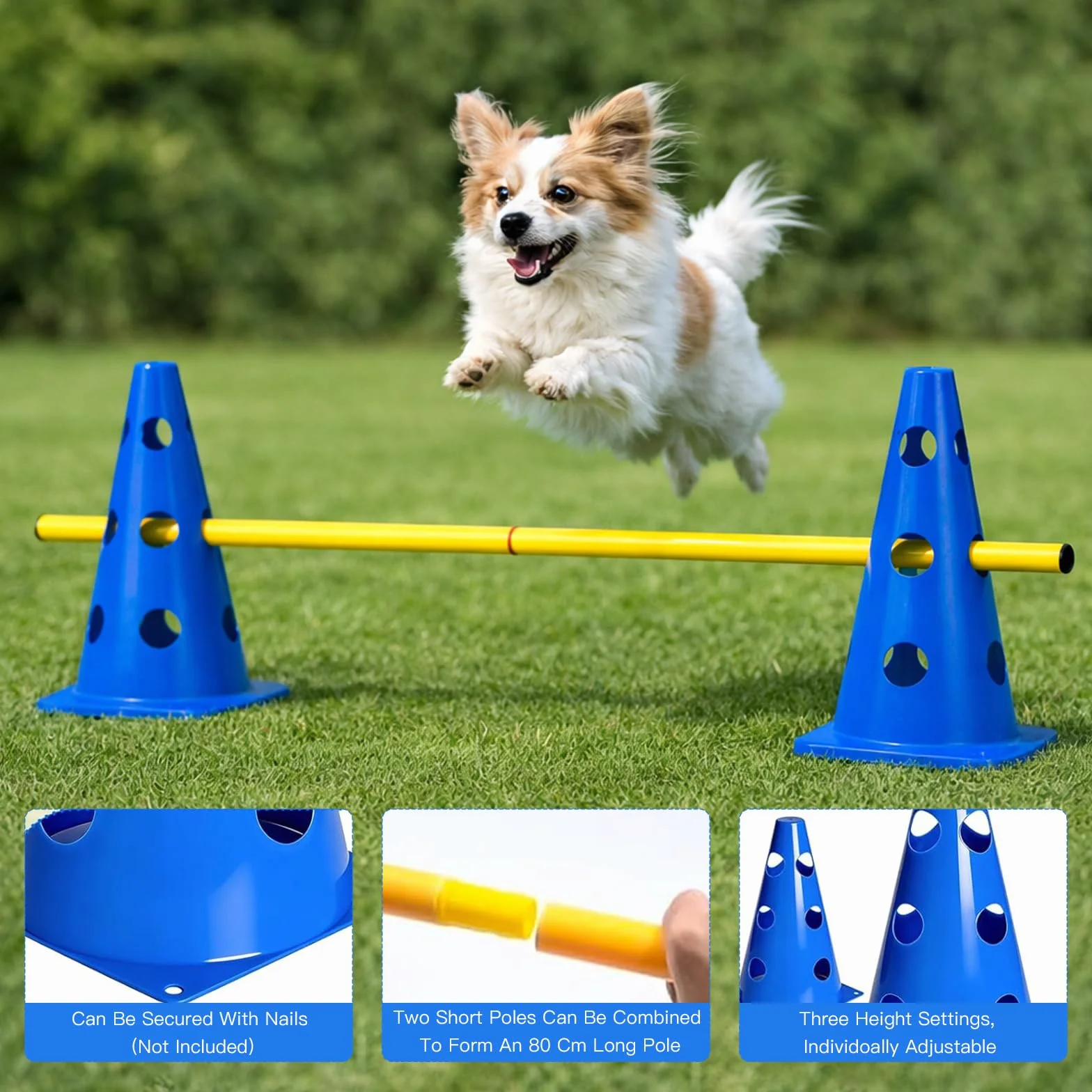 Set Ostacoli Steccati 10 Coni + 5 Aste – Agility Hurdles Regolabili in Altezza per Sport Canino e Allenamento Calcio – Set Multiuso per Cani, Bambini e Cavalli – Altezza 23 cm, Lunghezza 80 cm