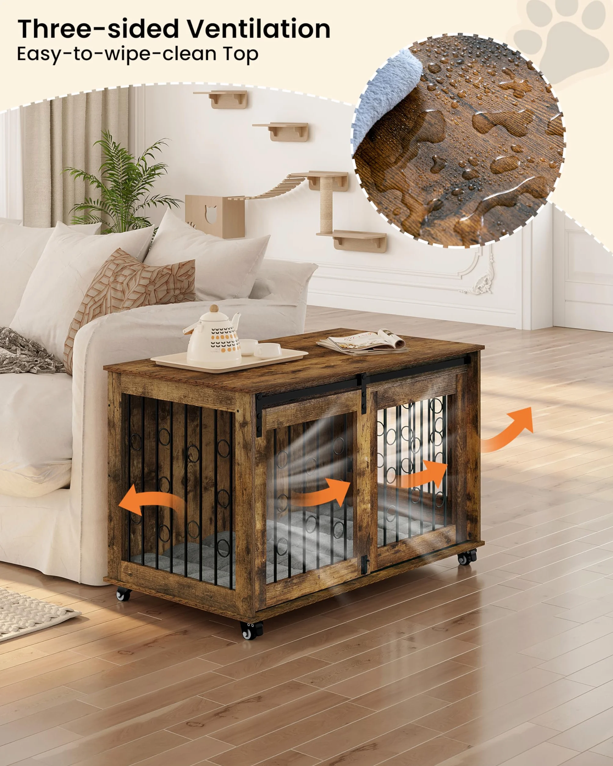 EUGAD 100cm Gabbia per Cani, Mobile Kennel per Cani da Interno, Kennel Cane in Legno con 2 Porte Ruote 360° Gabbie per Cane Medio Grande, Dog Crate Arredamento Marrone Vintage 100x56x65cm