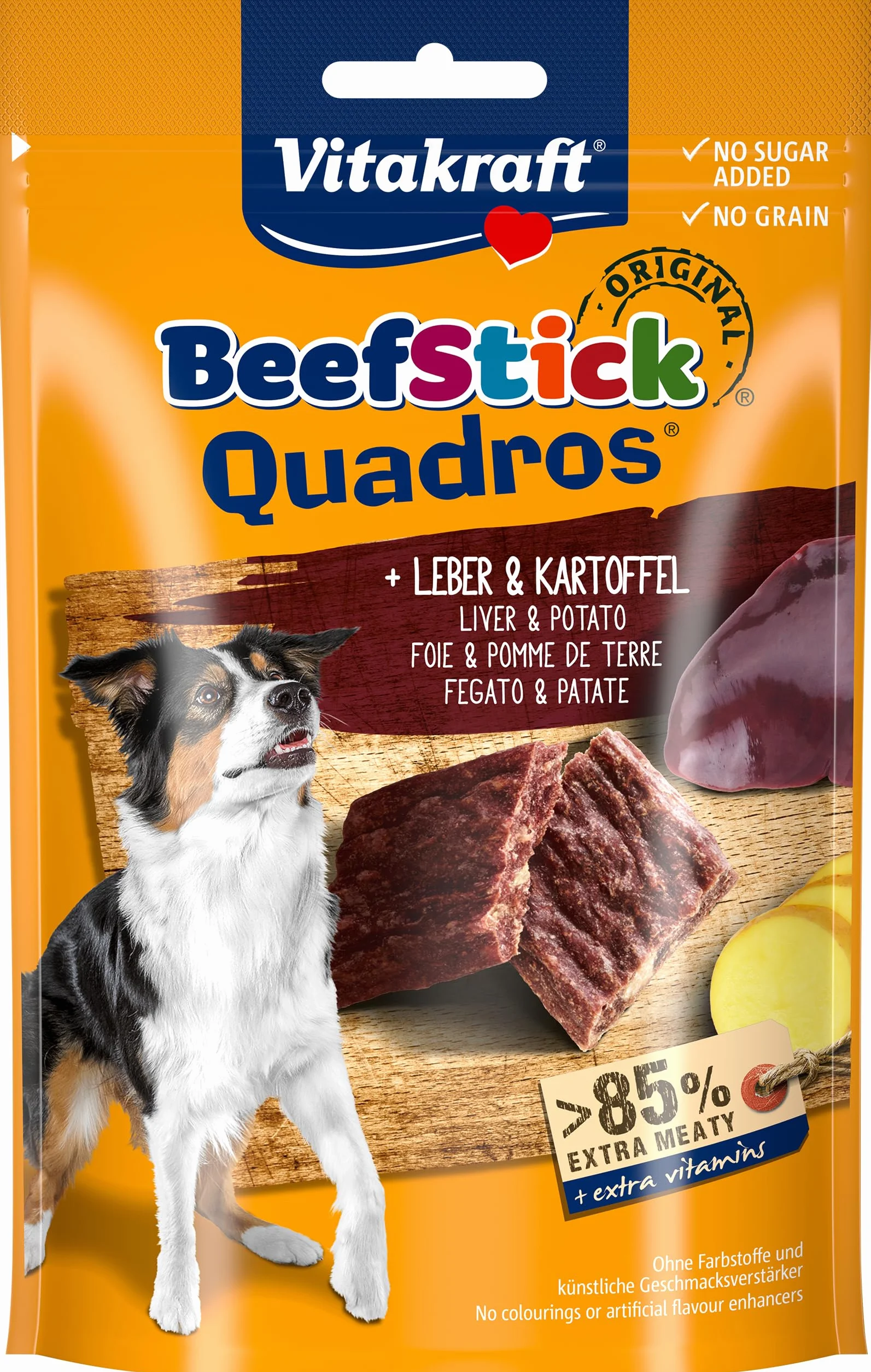 Vitakraft Beef Stick Quadros, snack cane, barrette di carne quadrate con patate e fegato, snack per l’addestramento del cane, senza zuccheri aggiunti (1x 70g)