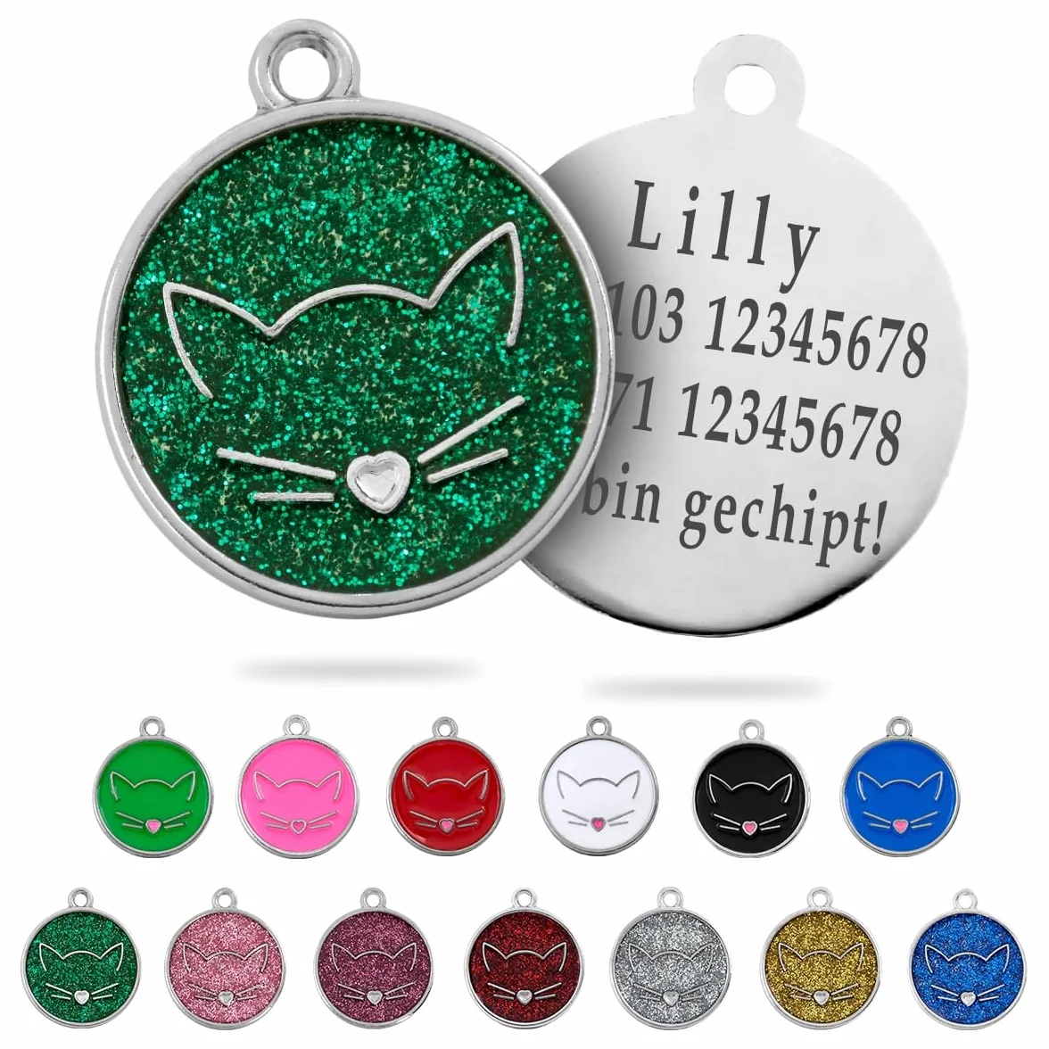 Medaglietta Gatto Personalizzata con Incisione Targhetta Identificativa Rotonda Verde Glitterato