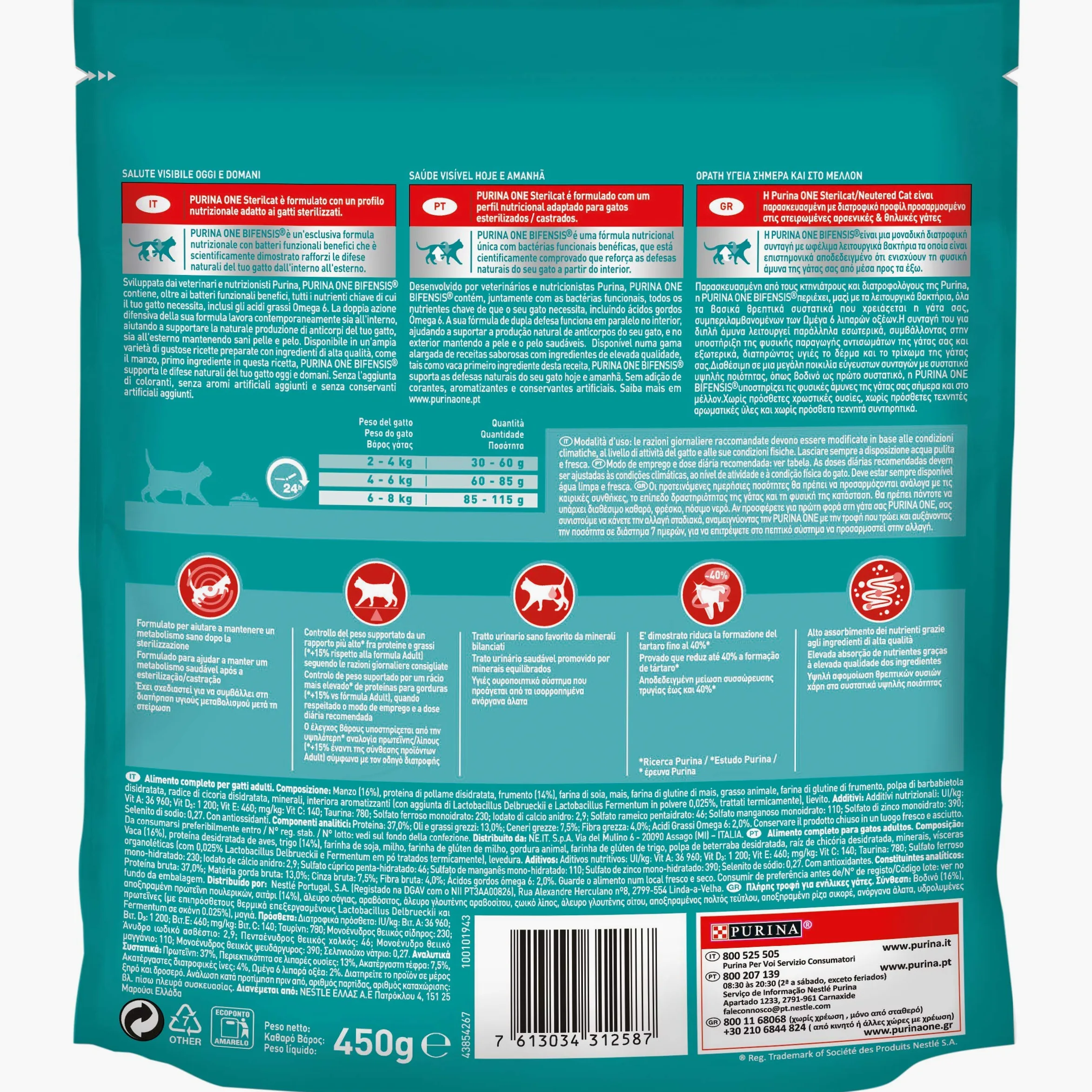 Purina One Bifensis Sterilcat Crocchette Gatto Sterlizzato, Ricco in Manzo e Frumento - 10 sacchi da 450 g ciascuno (Confezione da 10 x 450 g) | Confezione 10x450g | Difese immunitarie