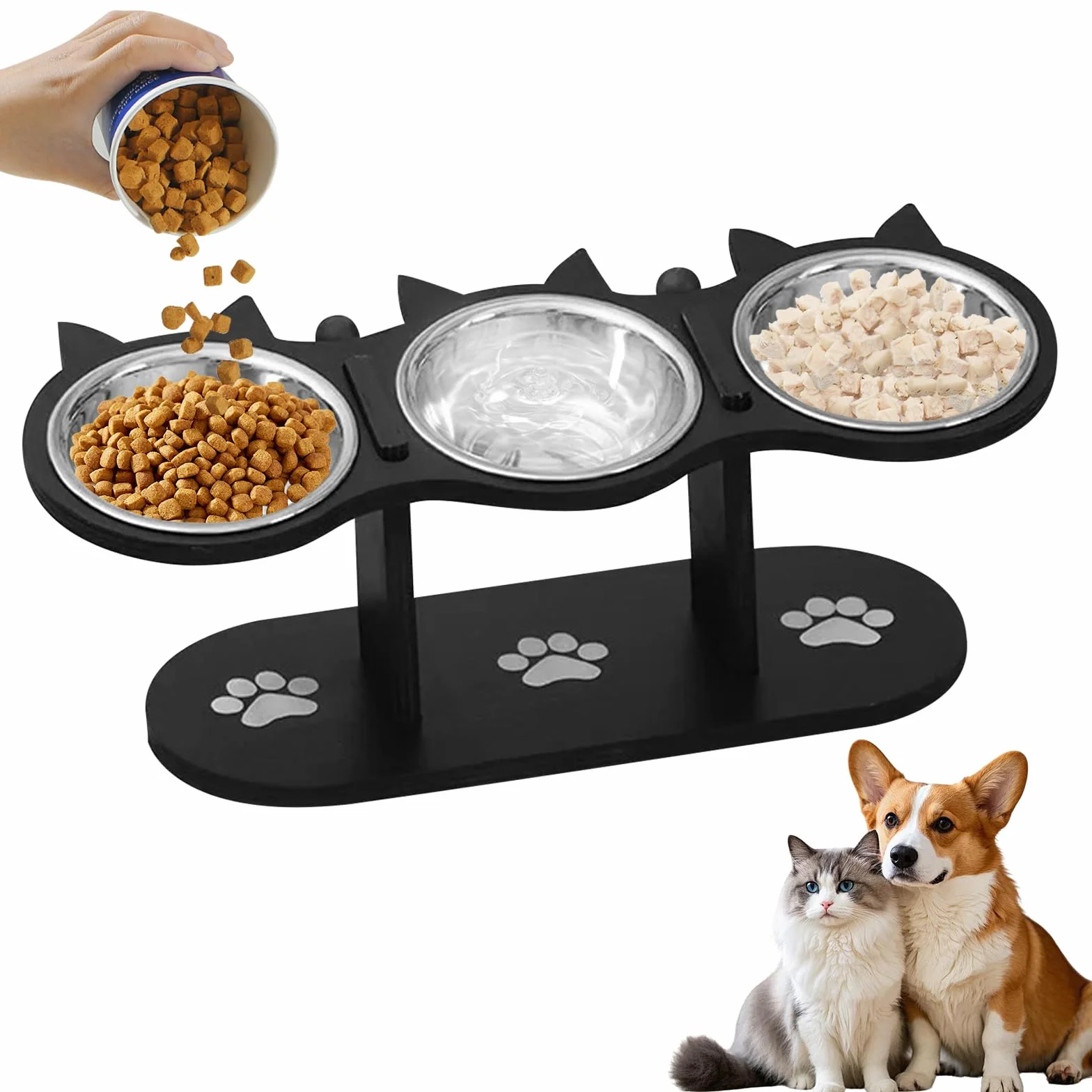 Ciotola per gatti rialzata in acciaio inox con supporto in legno regolabile per gatti e cani piccoli