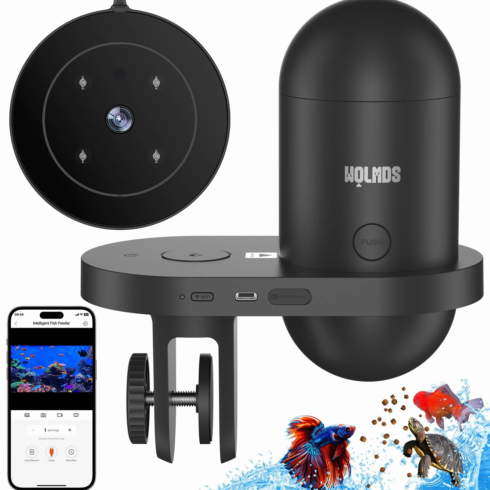 Mangiatoia Automatica Acquario WOLMDS con Fotocamera 2.5K e Controllo WiFi/App, Dispenser Cibo Pesci