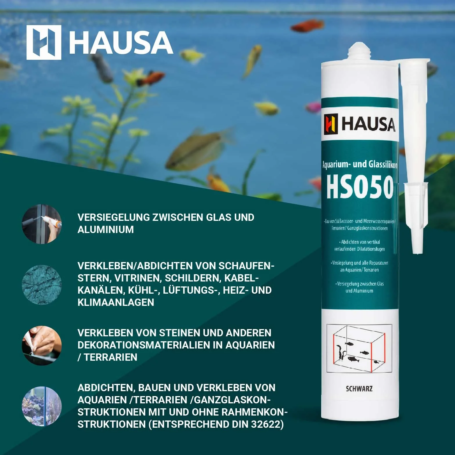 HAUSA Silicone per Acquario Glassilikon HS050 Nero 310ml Silicone Adesivo & Sigillante per Acquari, Terrari, Strutture in Vetro, Indurimento Rapido, Resistente ad Acqua Dolce e Salata, Sicuro per