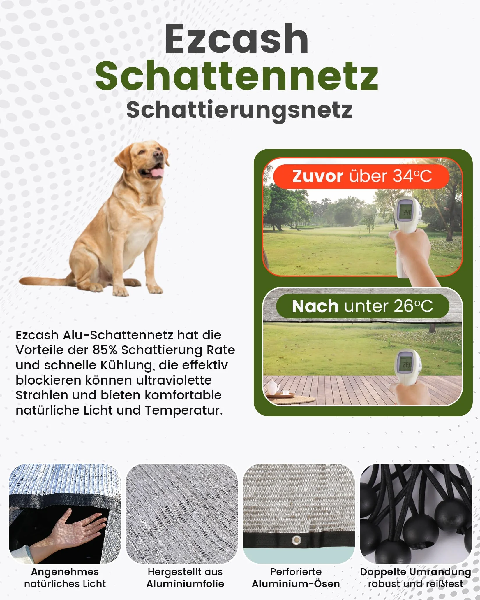 Rete ombreggiante auto per cani, 3 x 4 m, 85% alluminio, protezione solare e UV, adatta per esterni, con cordino elastico, corda di nylon da 5 m, chiodi