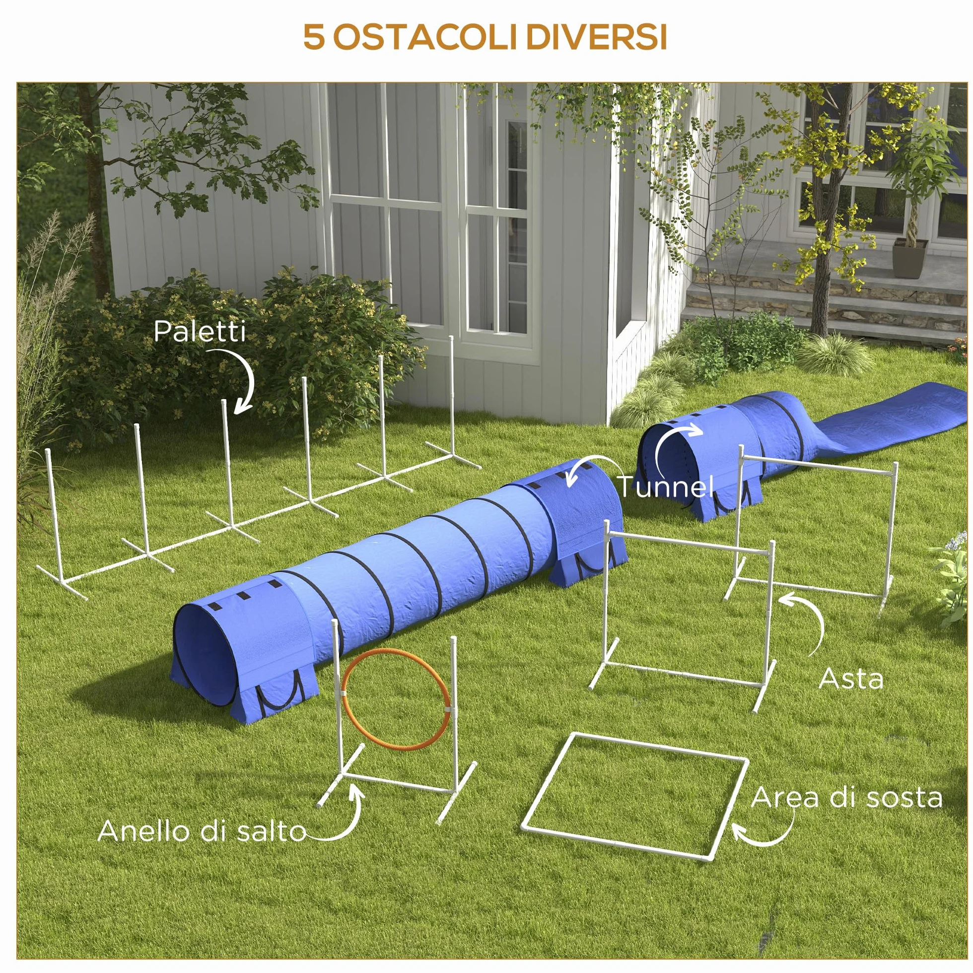 PawHut Set Agilty Dog 7 Pezzi con Fischietto, 2 Picchetti e 3 Sacchi di Sabbia, Percorso Agility Dog in Plastica e ABS con Borsa da Trasporto, 67x63x93 cm, Bianco Arancione Blu