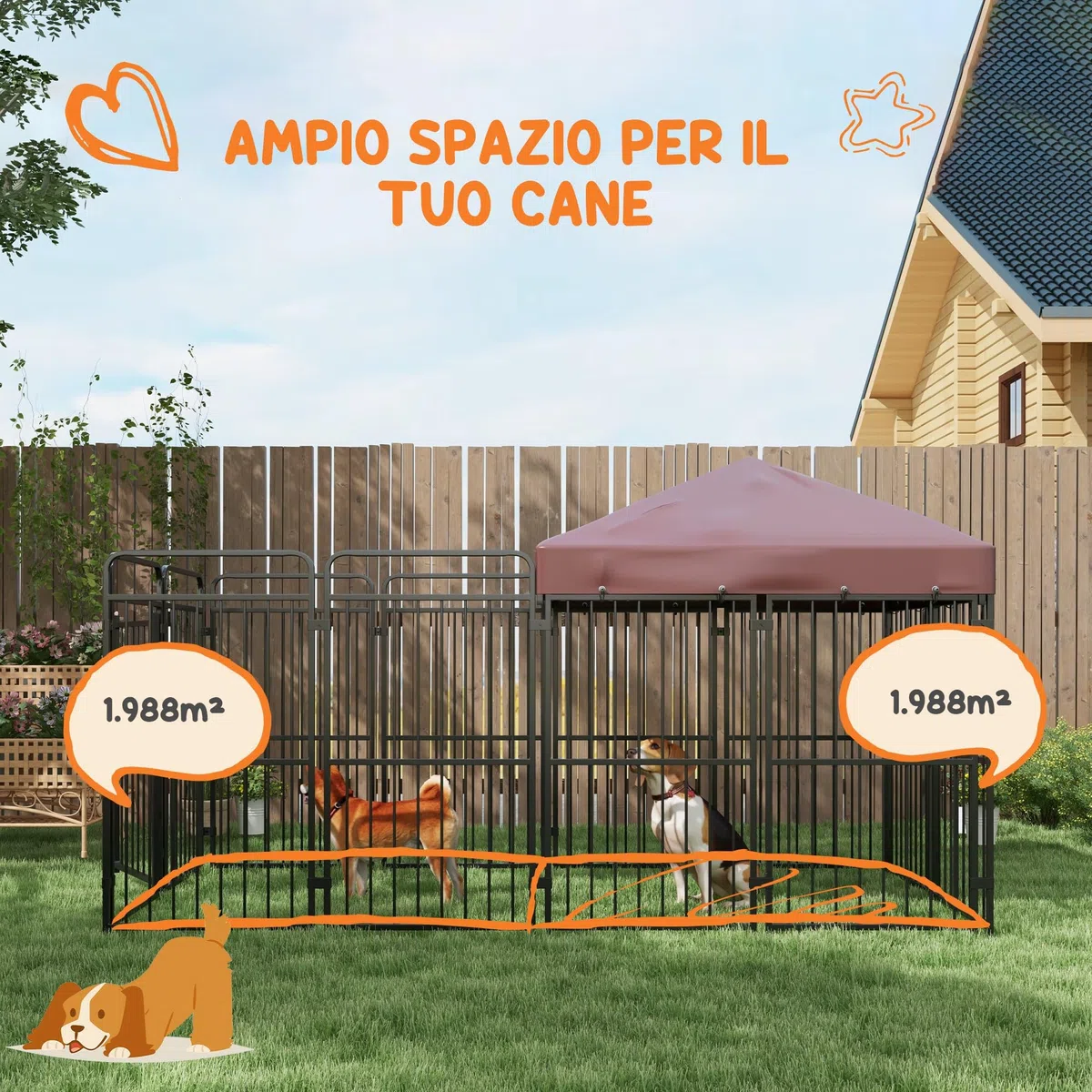 PawHut Kennel per Cani Grandi da Esterno 282x141x160.5cm Marrone | Recinto per Cani da Esterno con Tetto Anti-UV Impermeabile, Gabbia in Metallo
