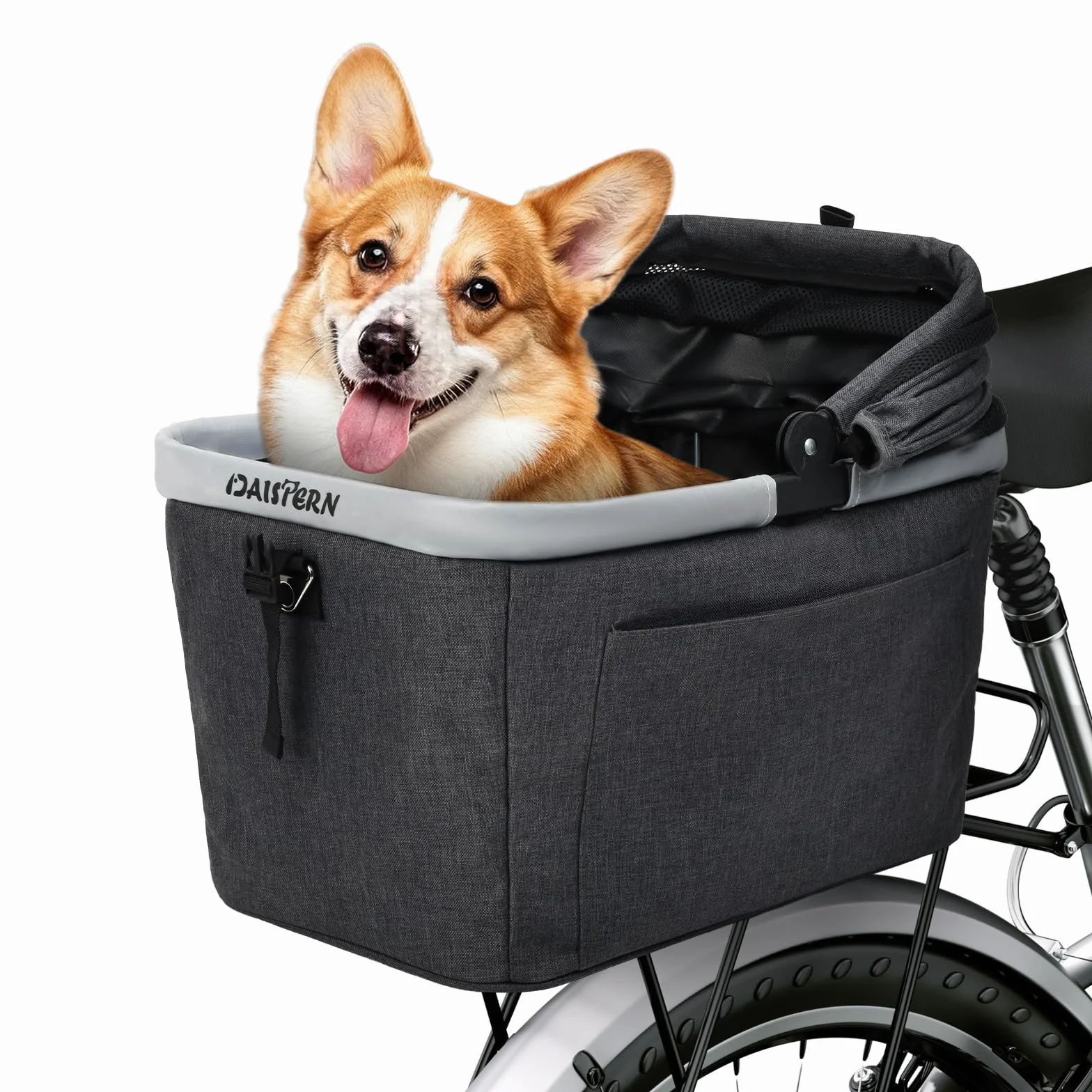 Cestino Posteriore Bicicletta Piegevole per Cani fino a 10KG, Telaio in Metallo, Piastra in PE, Montaggio Rapido per Ø 9-12mm, Finestra a Rete, Cuscinetto Morbido, Bande Riflettenti
