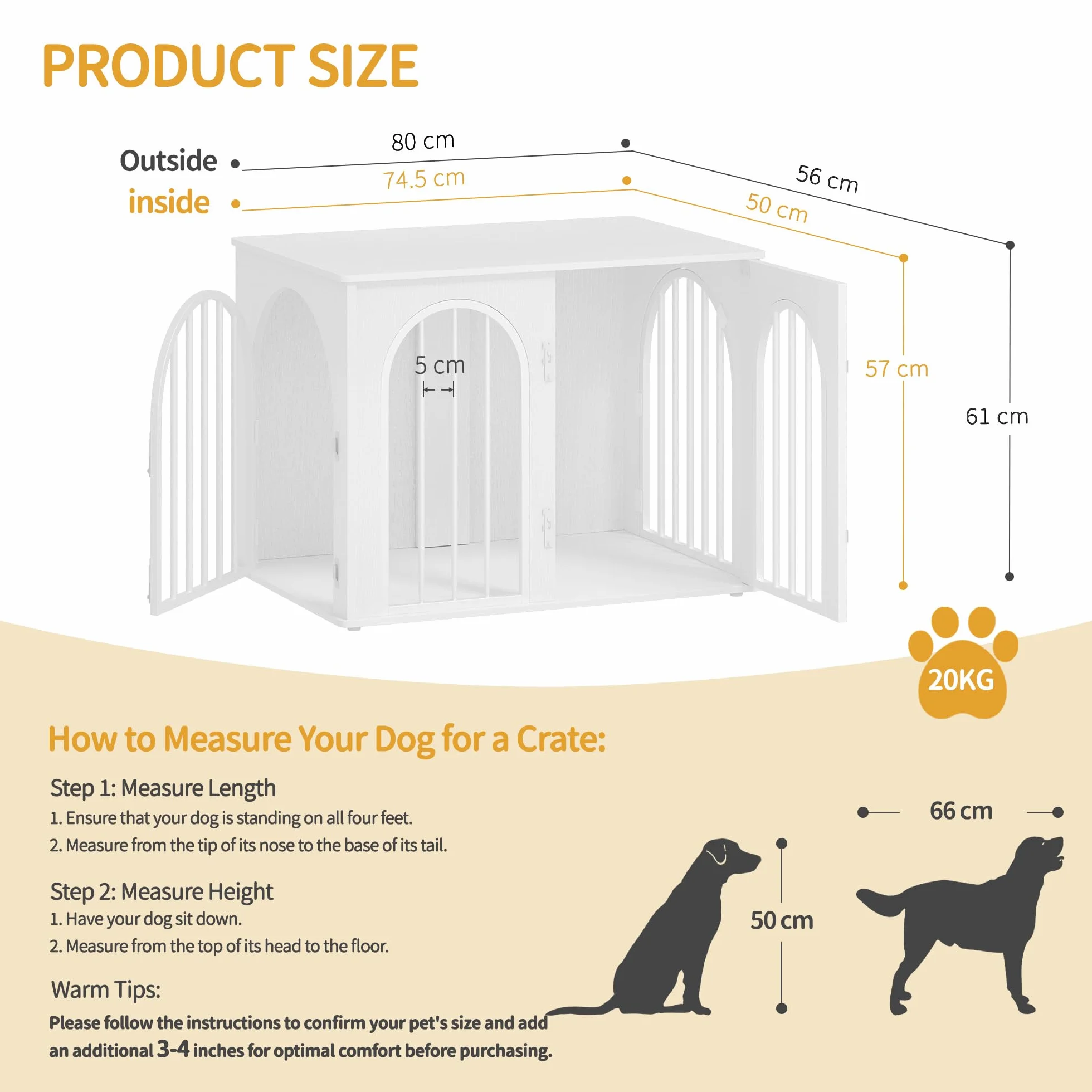 Hzuaneri 80 cm Gabbia per Cani, Tavolo Supplemento, Cuccia Moderna per Cani Interno, Gabbia per Cuccioli, Casetta per Animali, 3 Porte, Porta ad Arco, 56 x 80 x 61 cm, Bianco DFC85113W