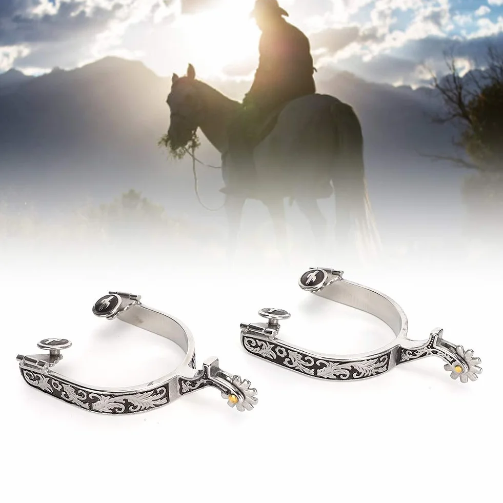 Speroni da Cavallo in Acciaio Inossidabile Argento da 2 Pezzi, con Motivo, Speroni da Cowboy, Speroni da Stivale, Speroni in Metalab, per Allenamento e Competizione