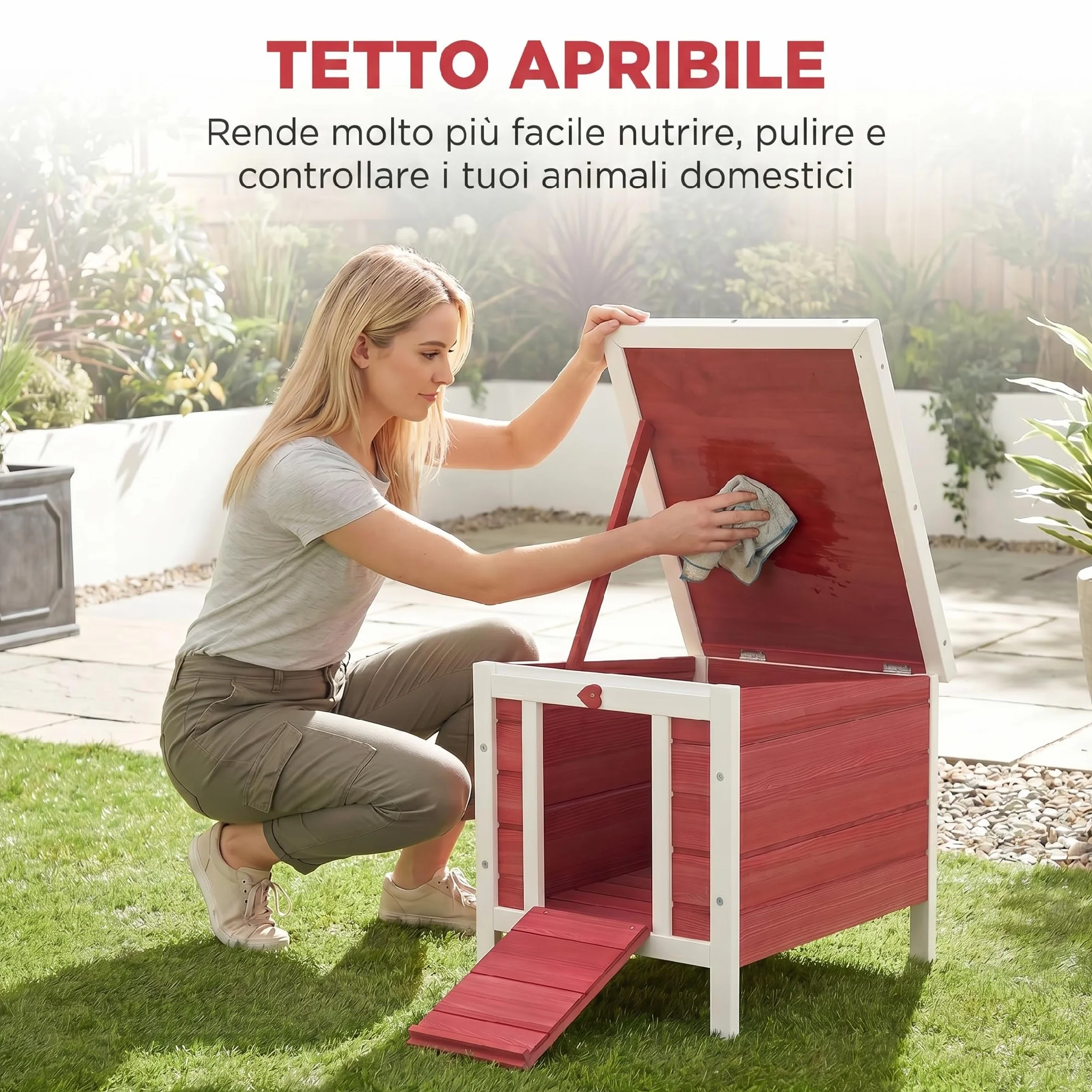 PawHut Gabbia per Conigli in Legno con Tetto Apribile in Asfalto, Conigliera con Rampa di Accesso Antiscivolo, 51x42x43 cm, Rosso