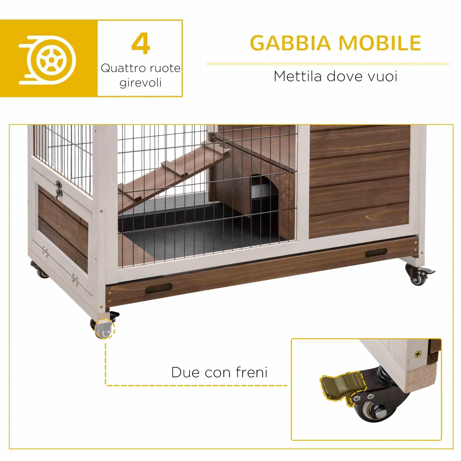 PawHut Gabbietta per Conigli e Porcellini d'India Conigliera con 4 Ruote, Casetta, Rampa e Vassoio Rimovibile, Legno Naturale, Marrone, 90x53x59cm