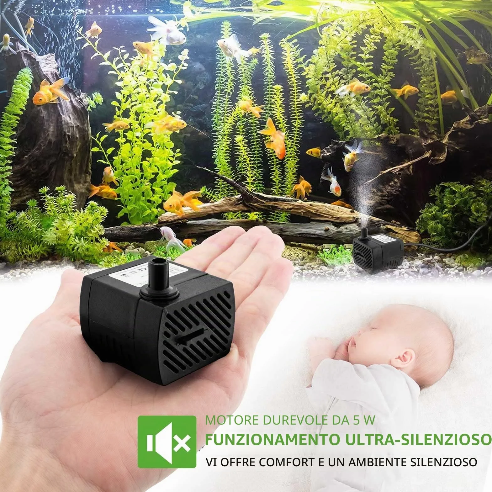 Mini pompa dell'acqua (350 l/h, 5 W), con sollevamento elevato, cavo di alimentazione da 1,5 m, 2 ugelli per acquari, laghetti, fontane, statue