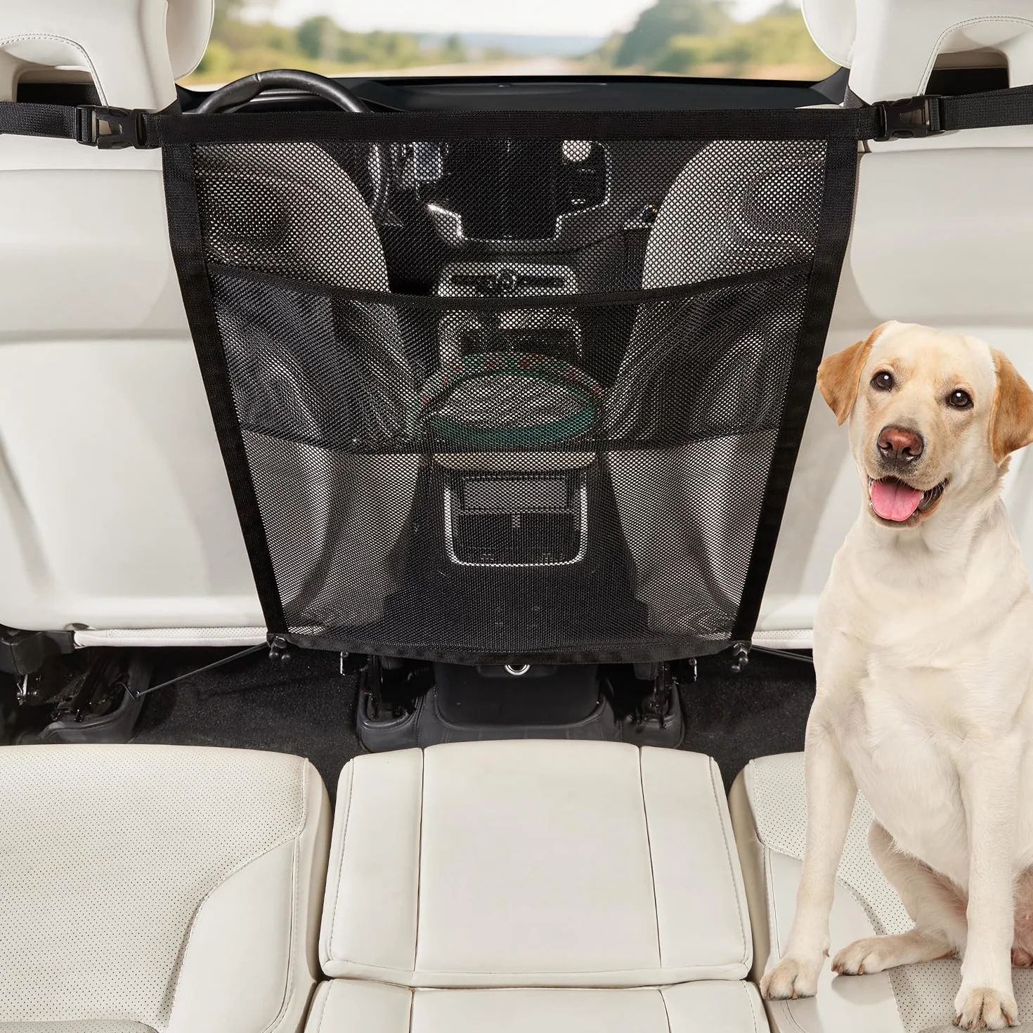 GGW Griglia per Cani per Auto con Tasche portaoggetti per Cani – Rete di separazione per Sedile Anteriore, barriera di Sicurezza Contro Il Cane dal Sedile Posteriore, Universale