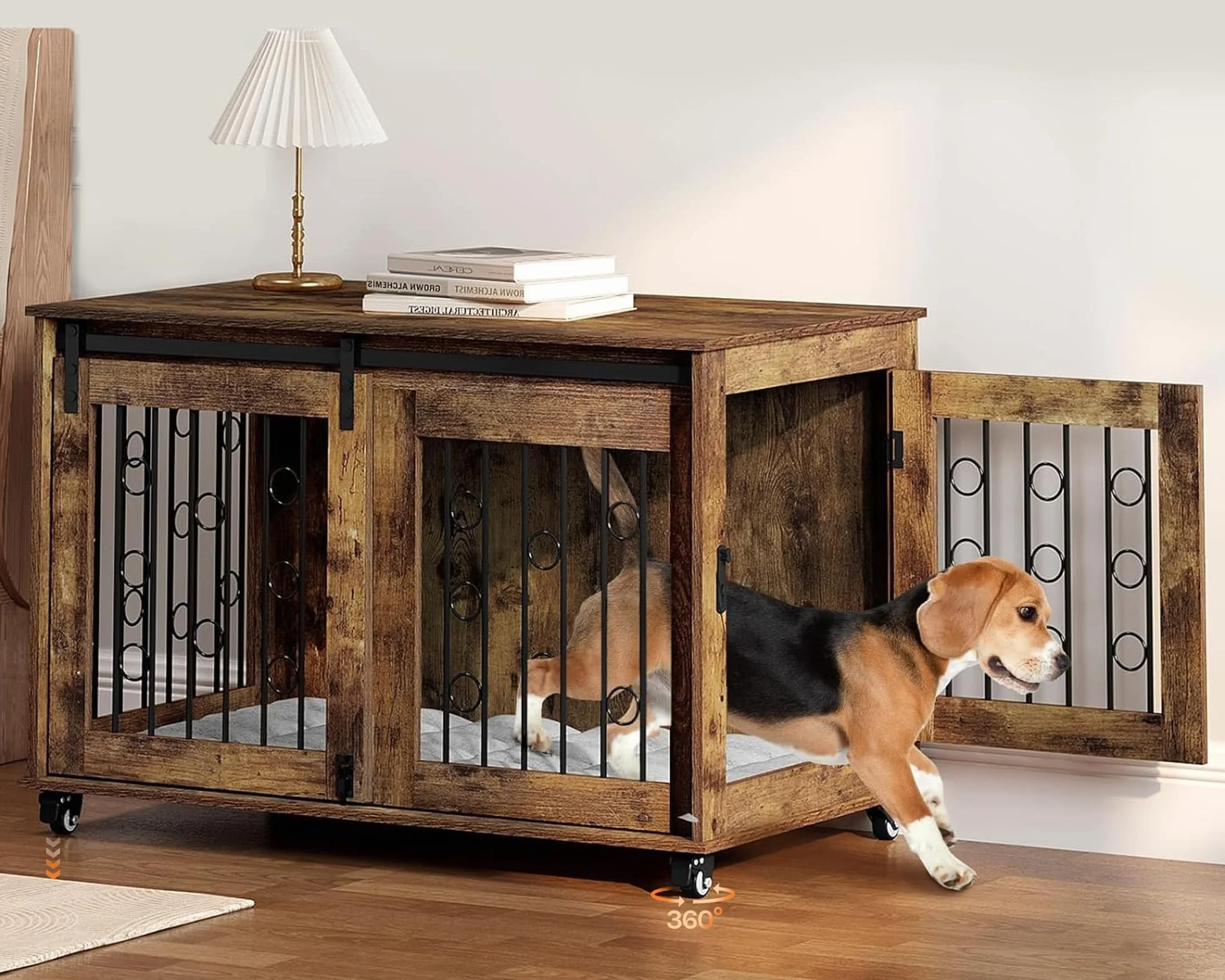 EUGAD 100cm Gabbia per Cani, Mobile Kennel per Cani da Interno, Kennel Cane in Legno con 2 Porte Ruote 360° Gabbie per Cane Medio Grande, Dog Crate Arredamento Marrone Vintage 100x56x65cm