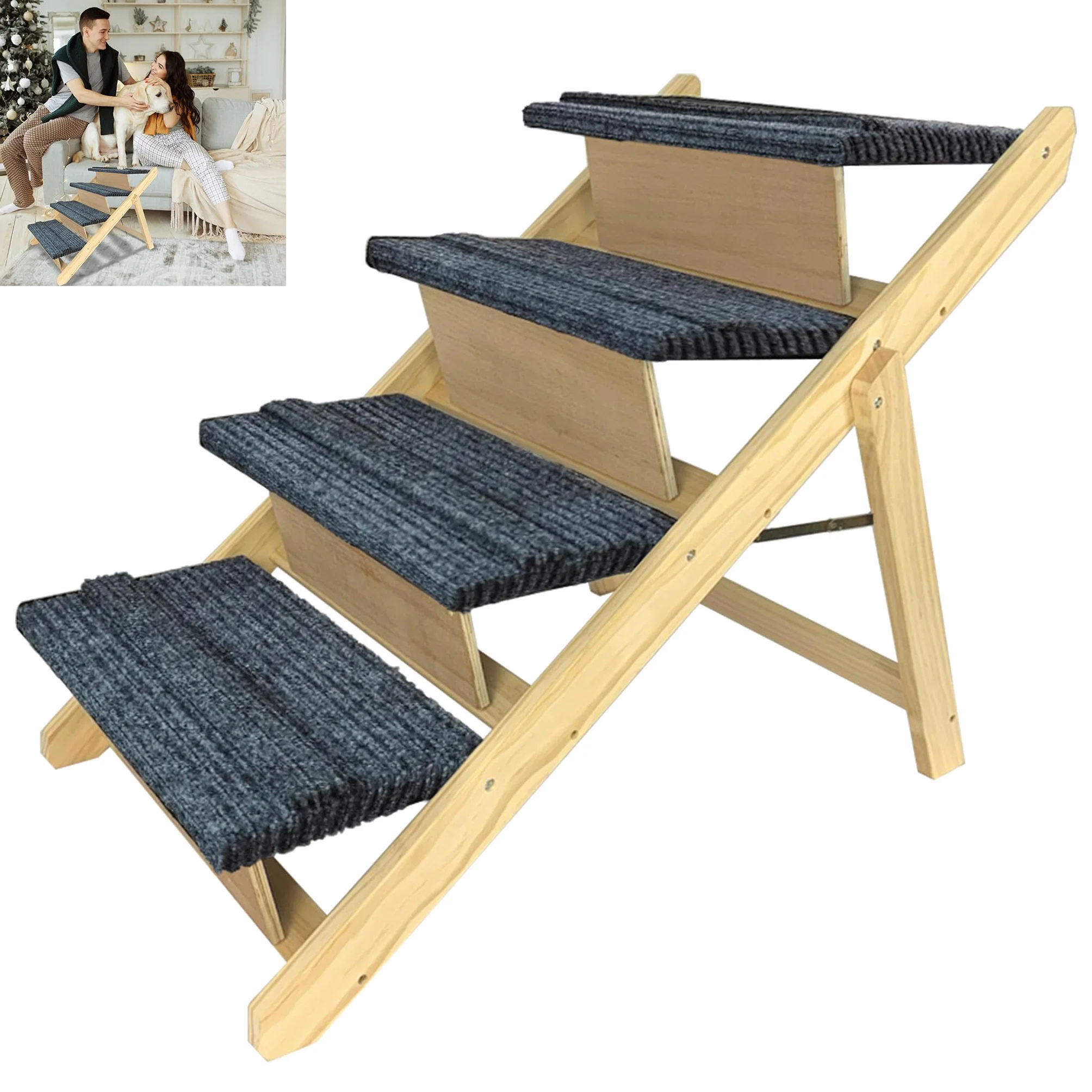 FIVMEN Scaletta per cani 2 in 1 Rampa per cani in legno pieghevole Regolabile in altezza con tappetino antiscivolo Scaletta per animali domestici per letto e divano, 100x47x63cm
