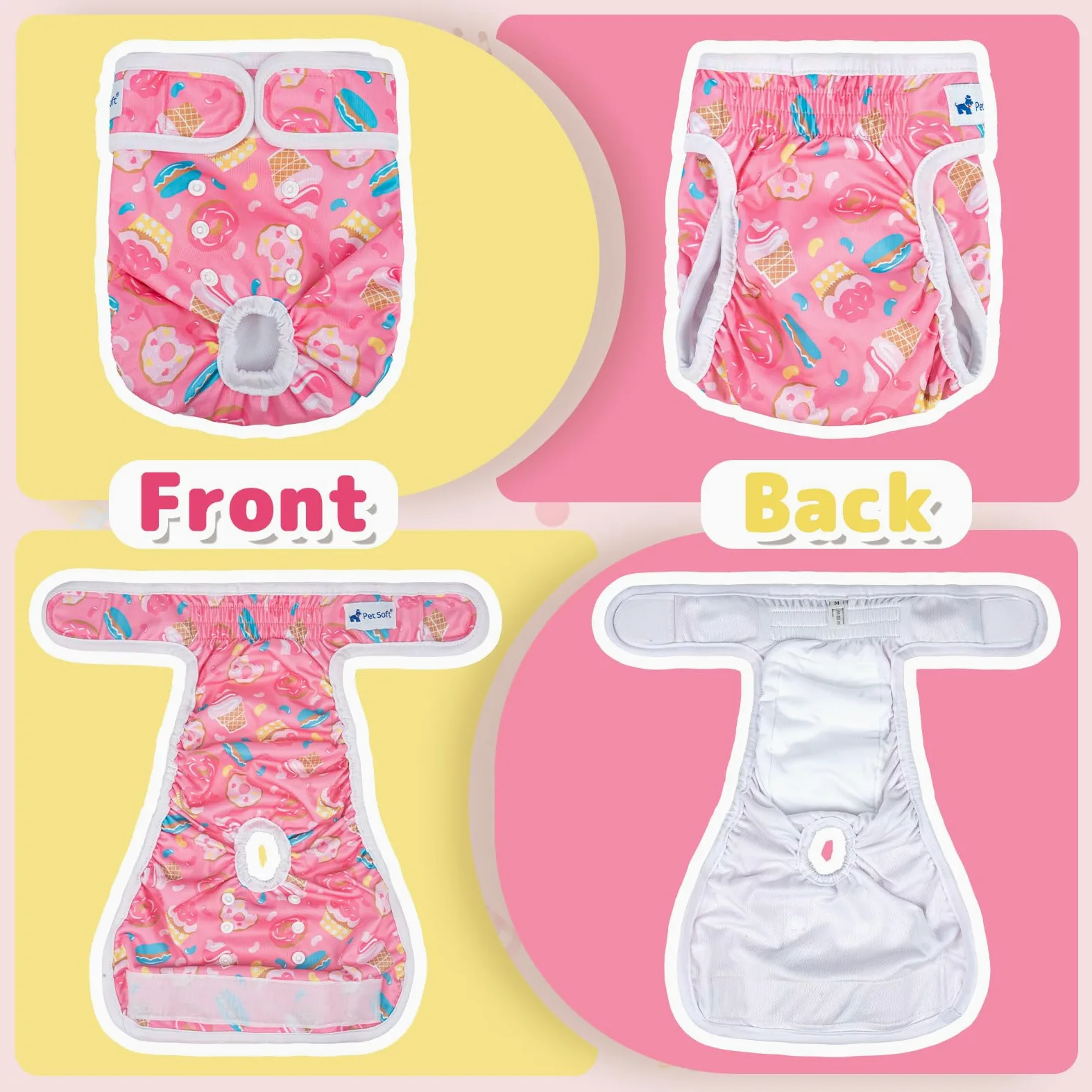 Pet Soft Pannolini per Cani Femmina, Confezione da 3 Pantaloni Riutilizzabili per Cani, Regolabili, per Cani Femmina, per Incontinenza da Calore Stagionale (Cibo, L)