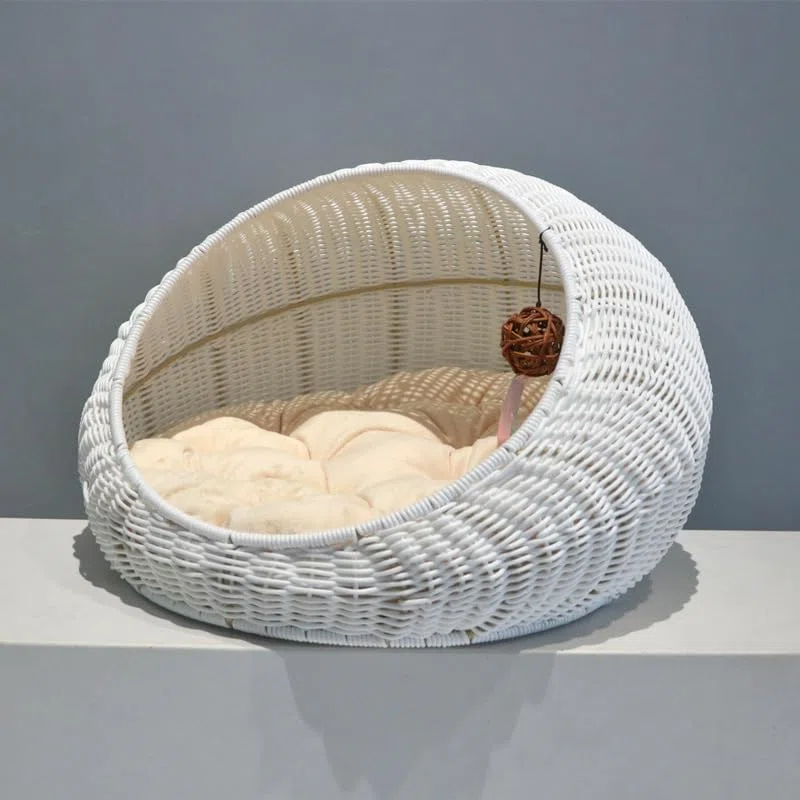 Cuccia per Gatti in Vimini, Cuccia per Gattini in Vimini, Cuccia in Rattan per Uso Interno ed Esterno, Cuccia Accogliente con Cuscino Morbido Lavabile 50x40x35 cm Beige