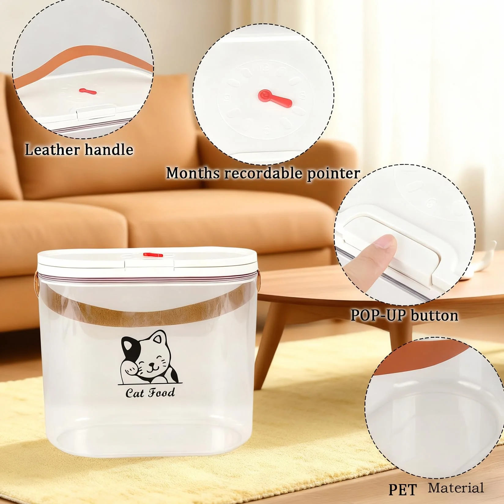 Contenitore per cibo per gatti da 7 lbs con manico e cucchiaio dosatore – Contenitore per cibo per cani in plastica trasparente – Senza BPA – Contenitore per cibo esterno per snack e cibo secco