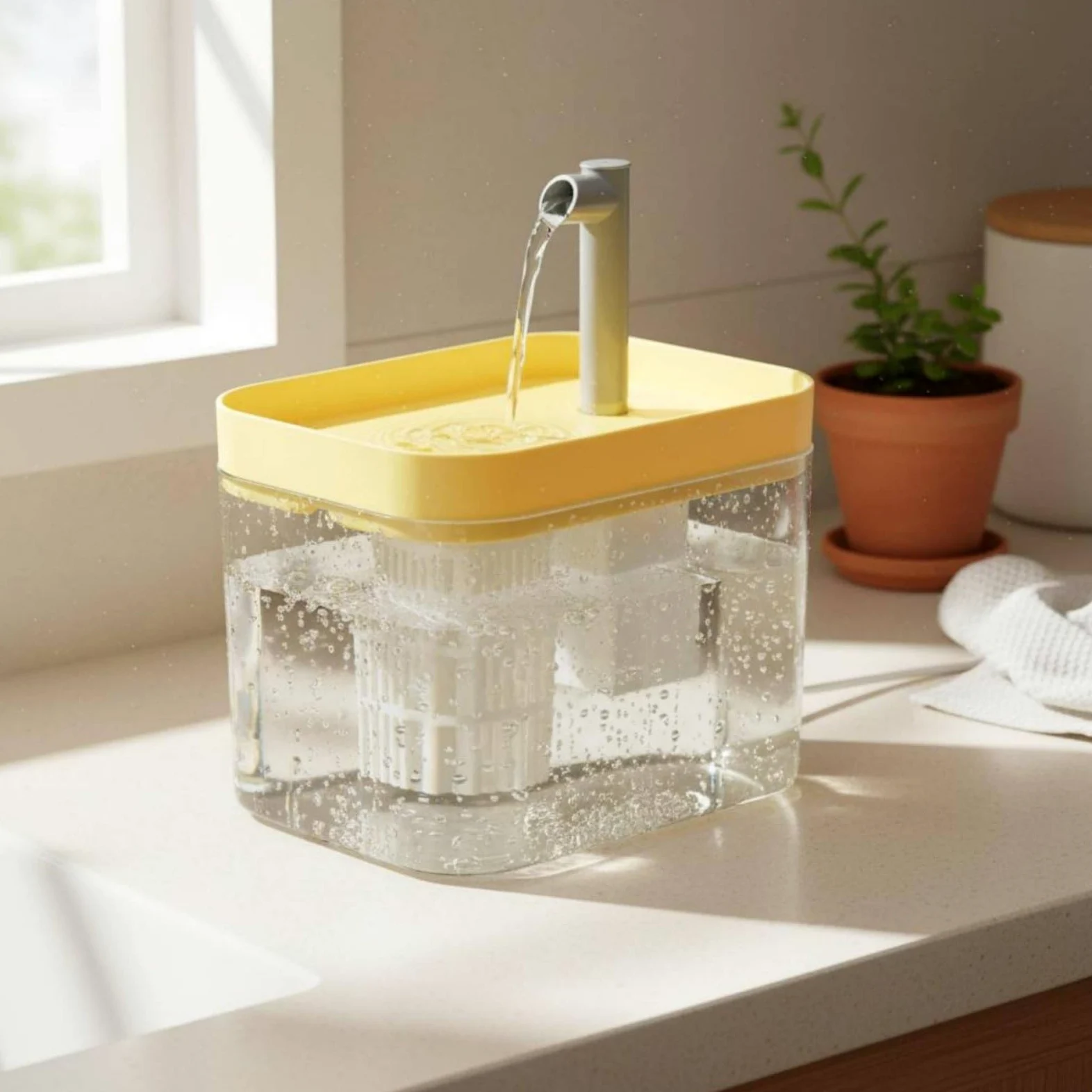 Dispositivo Automatico per Bere Fontana Distributore Abbeveratoio Depuratore con Acqua in Ricircolo Filtro Stratificato, Giallo Trasparente, Acqua Circolante Con Sensore