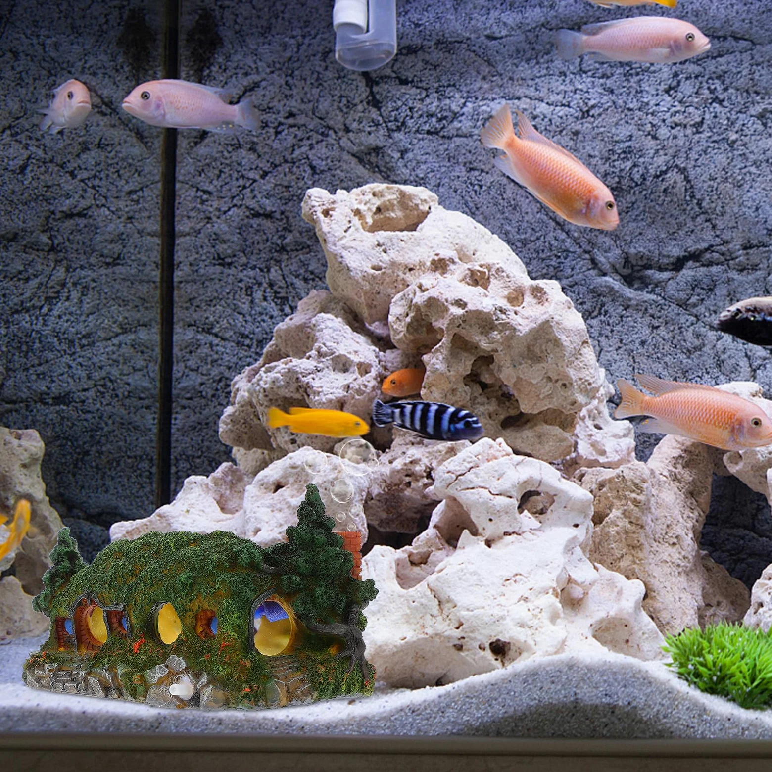 Decorazione Paesaggistica per Acquari Hobbit Casa in Resina Piccola, Ornamento Grotta Castello per Serbatoio d'Acqua, Sicura per Pesci e Adatta a Scenari Acquario