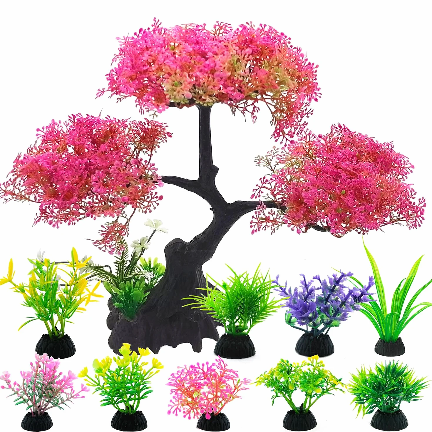 SLOCME Set di Decorazioni per Acquario Albero di Ciliegio Rosa 10 Pezzi Piante Artificiali in Plastica