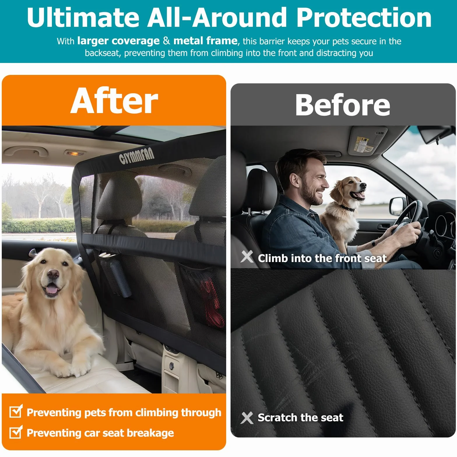 griglia per cani per bagagliaio e sedile posteriore con copertura più ampia, barriera universale per cani per auto e SUV, divisorio per cani con rete trasparente resistente ai morsi e telaio